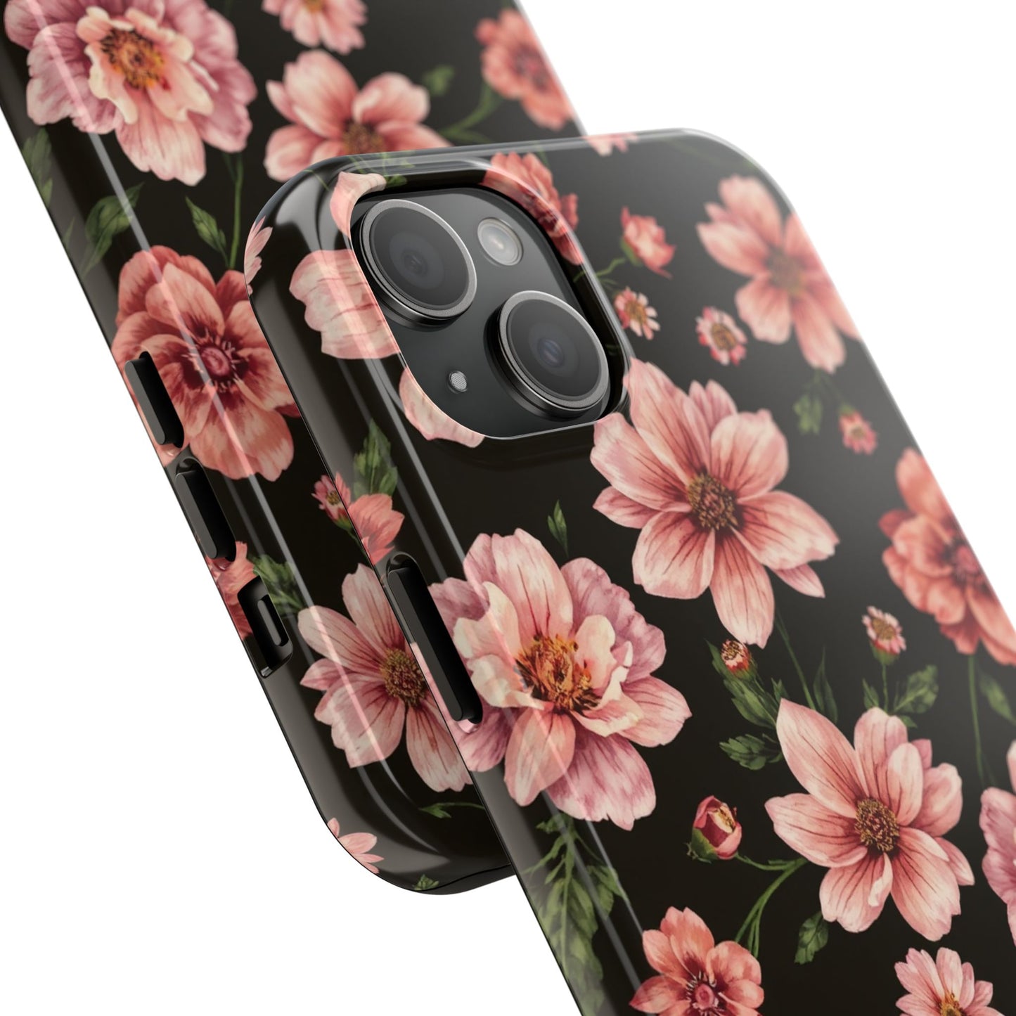 Floral Tough Phone Case - Durable Protection with Elegant Pink Flowers on Black Design - for iPhone