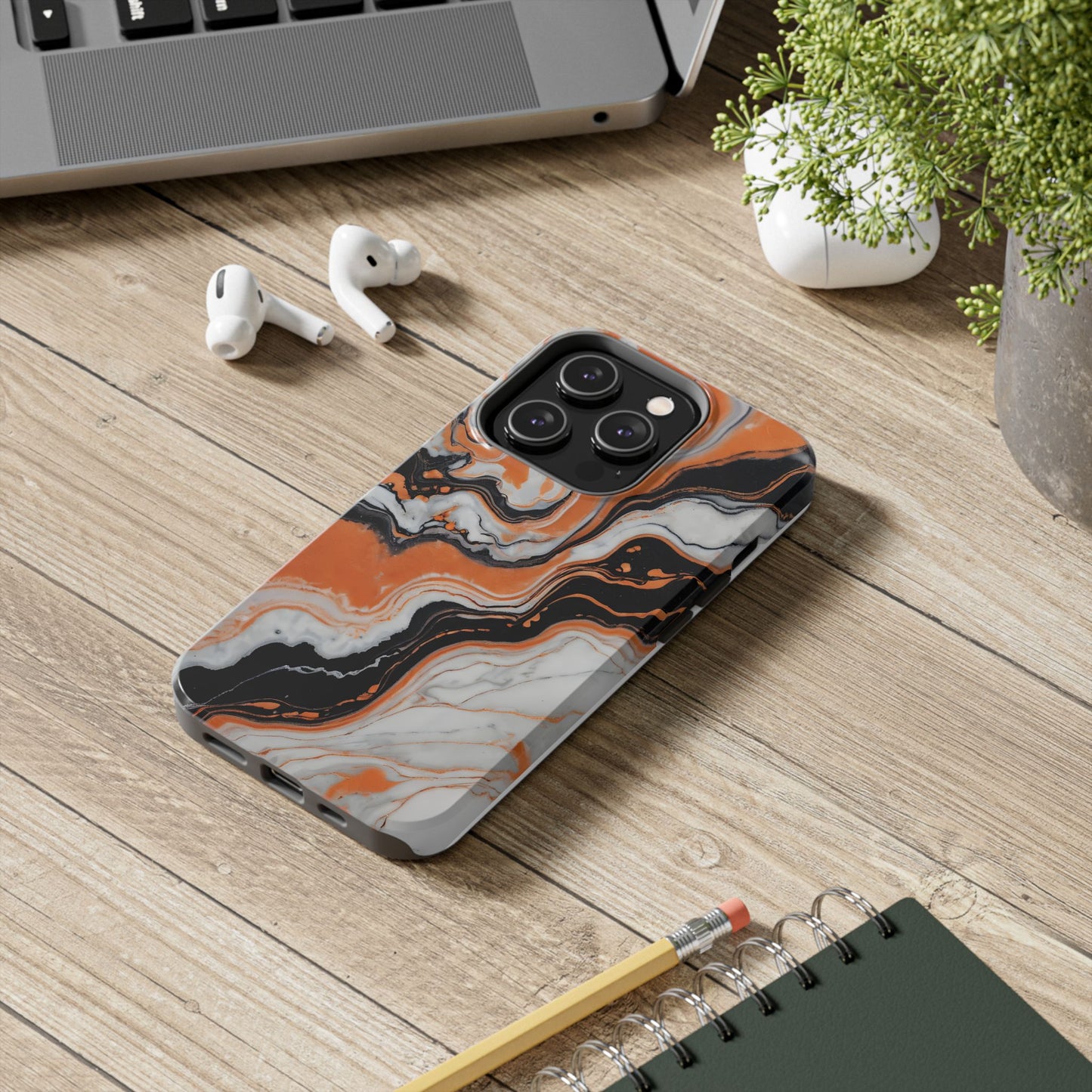 Stylish Tough Phone Case - Elegant Black, White & Orange Marble Design - for iPhone