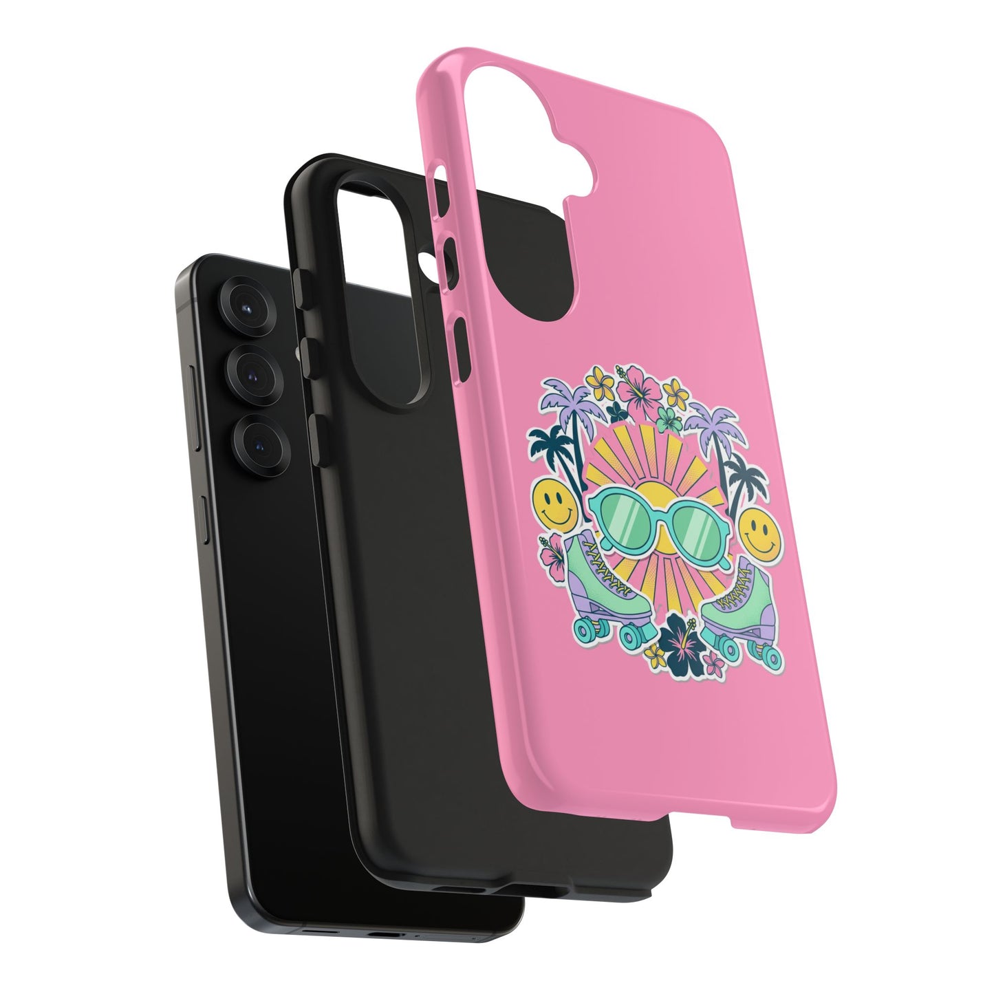 Retro Summer Phone Case — Y2K Palm Trees, Roller Skates & Smiley Collage