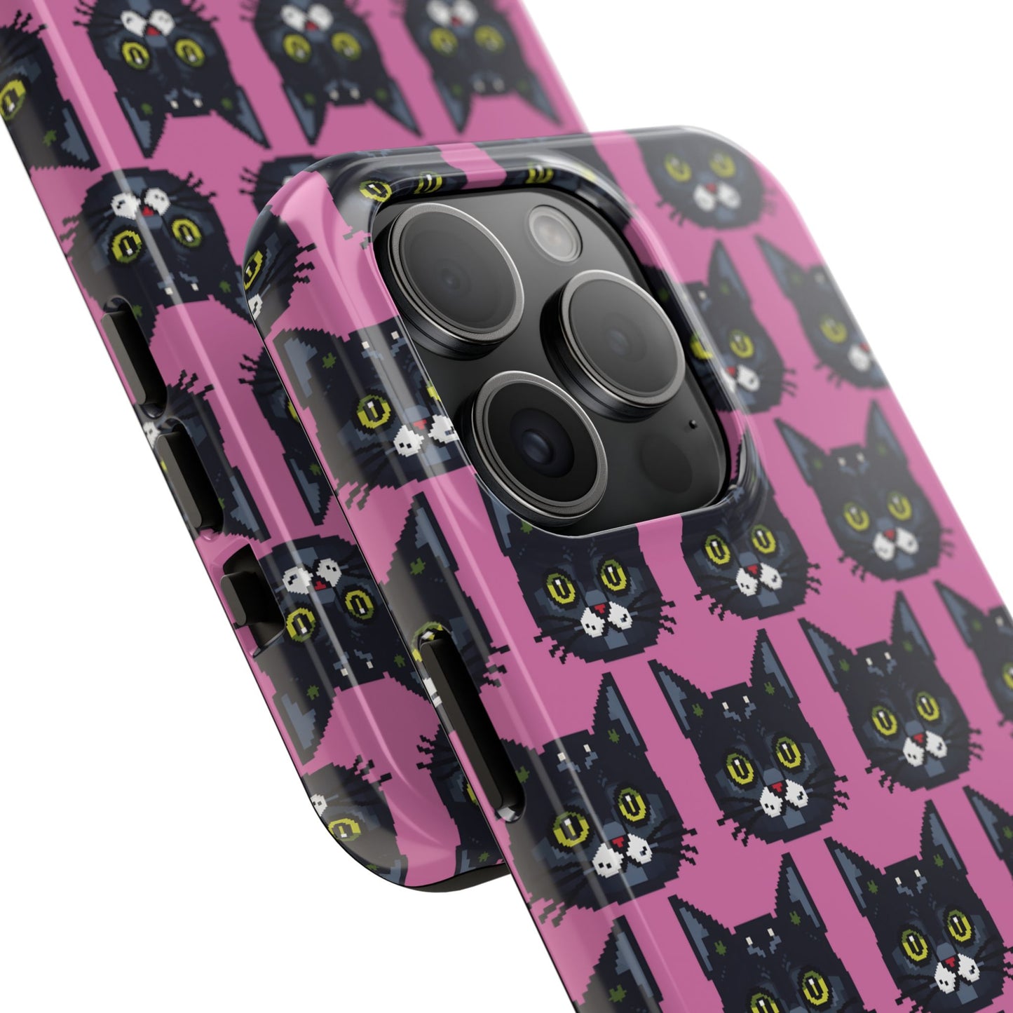 Playful Black Cat on Pink - Tough Phone Case - Pixel Cat Pattern - for iPhone