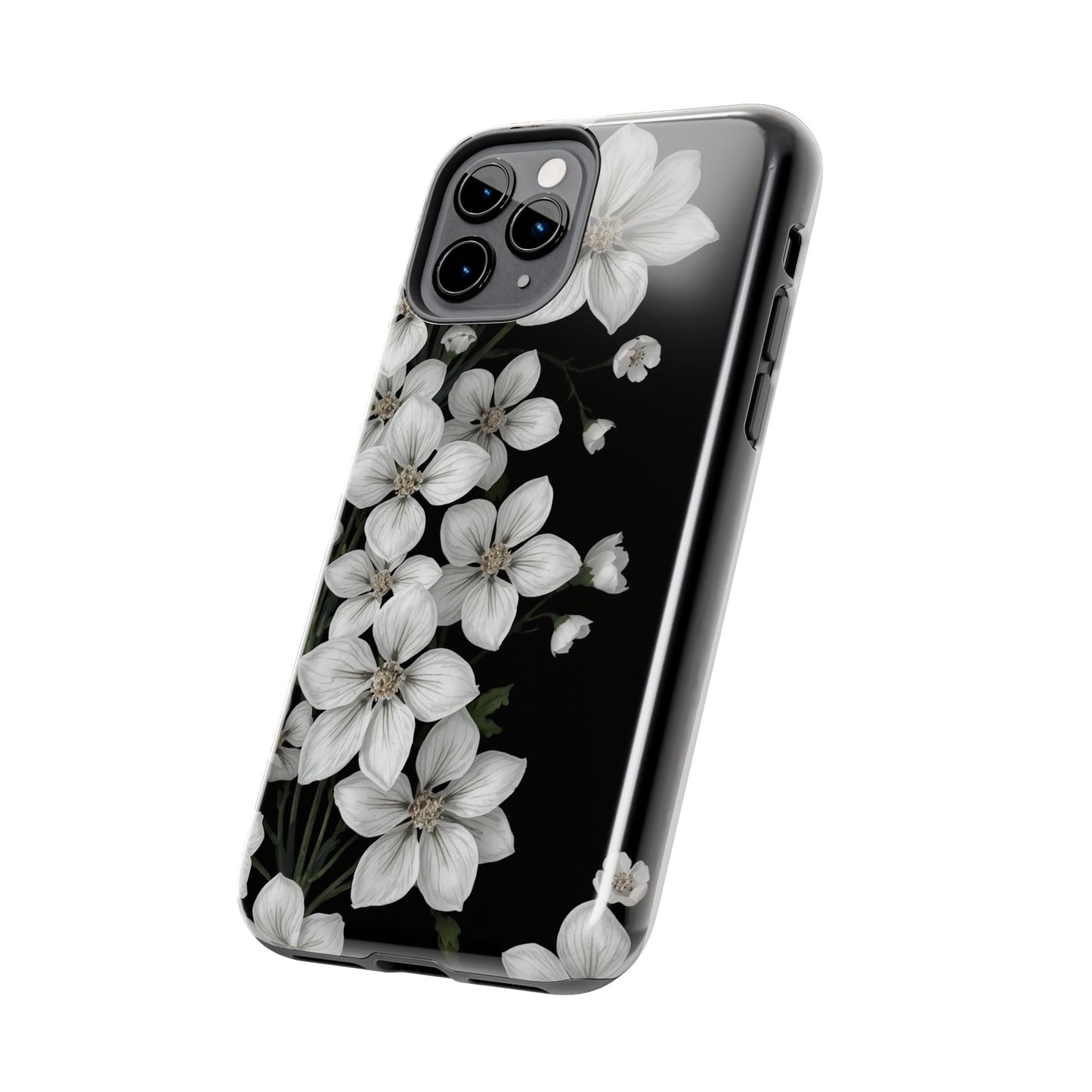 Floral Tough Phone Case - Pure Elegant White Petals on Black Background - for iPhone