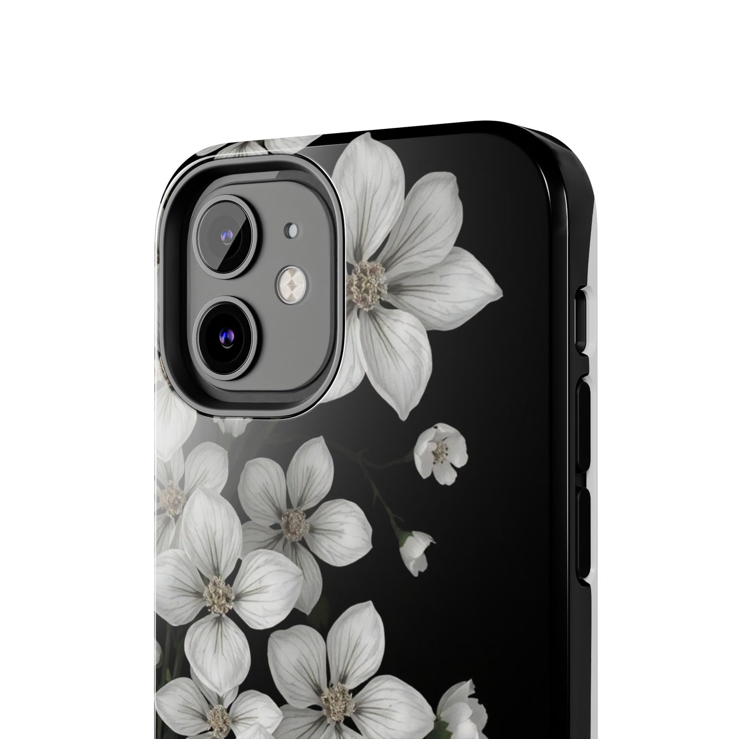 Floral Tough Phone Case - Pure Elegant White Petals on Black Background - for iPhone