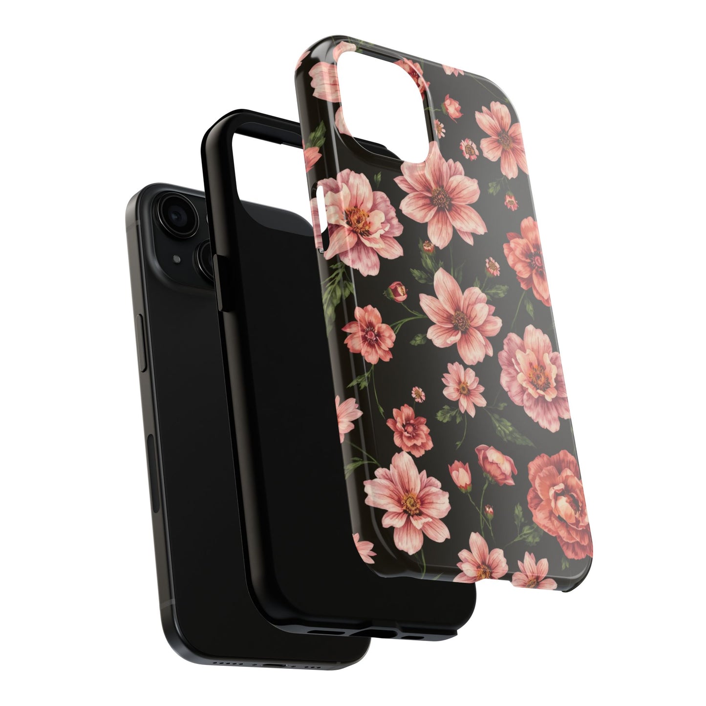Floral Tough Phone Case - Durable Protection with Elegant Pink Flowers on Black Design - for iPhone