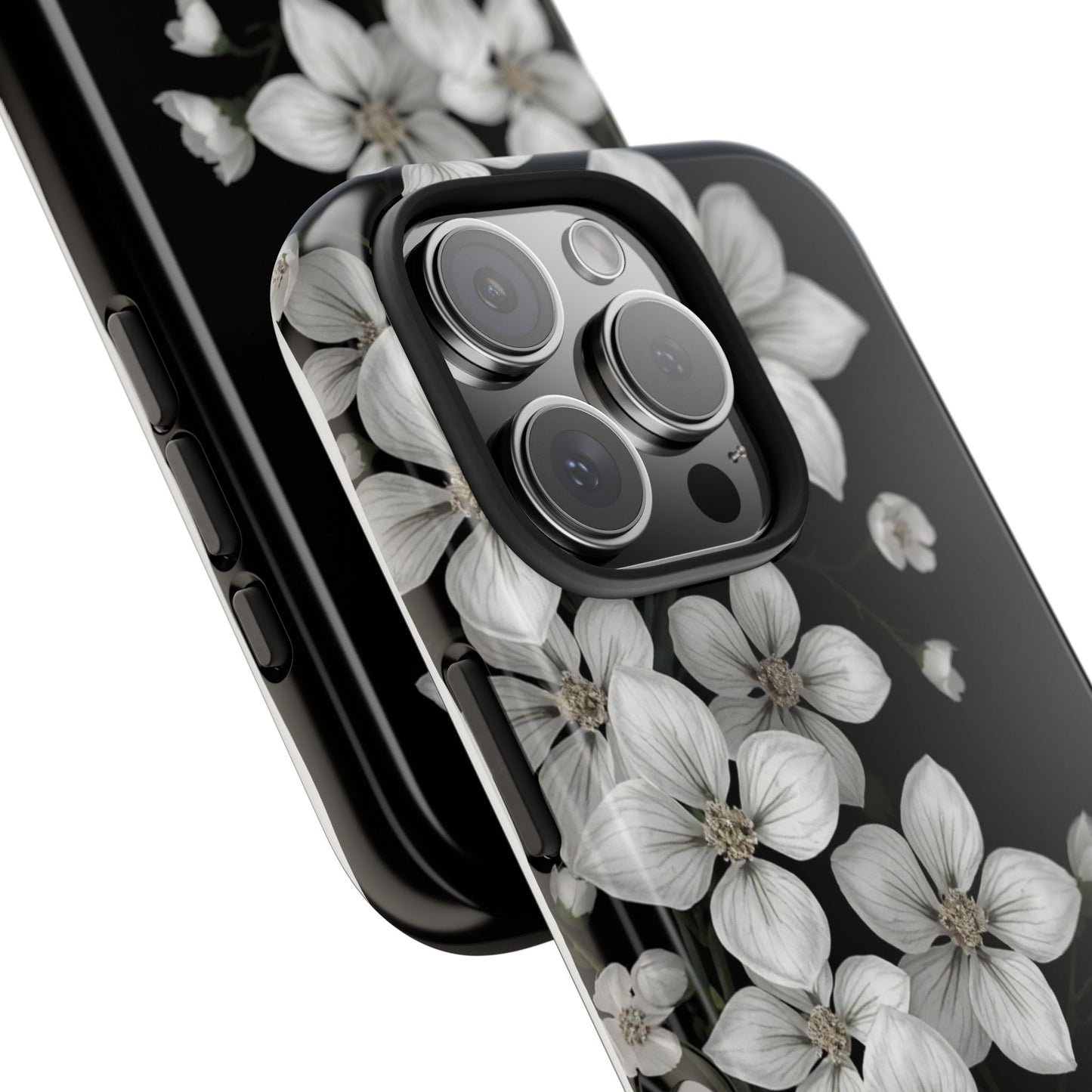 Floral Tough Phone Case - Pure Elegant White Petals on Black Background - for iPhone
