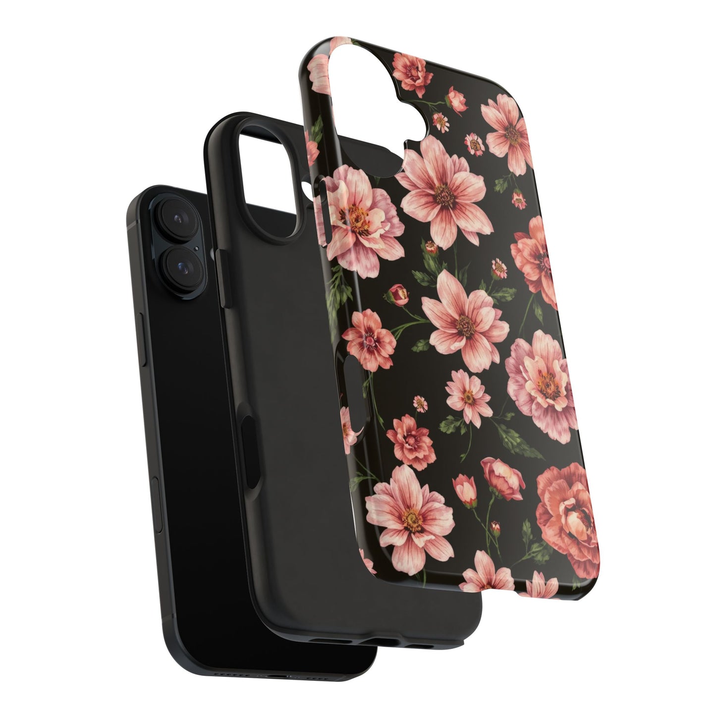 Floral Tough Phone Case - Durable Protection with Elegant Pink Flowers on Black Design - for iPhone
