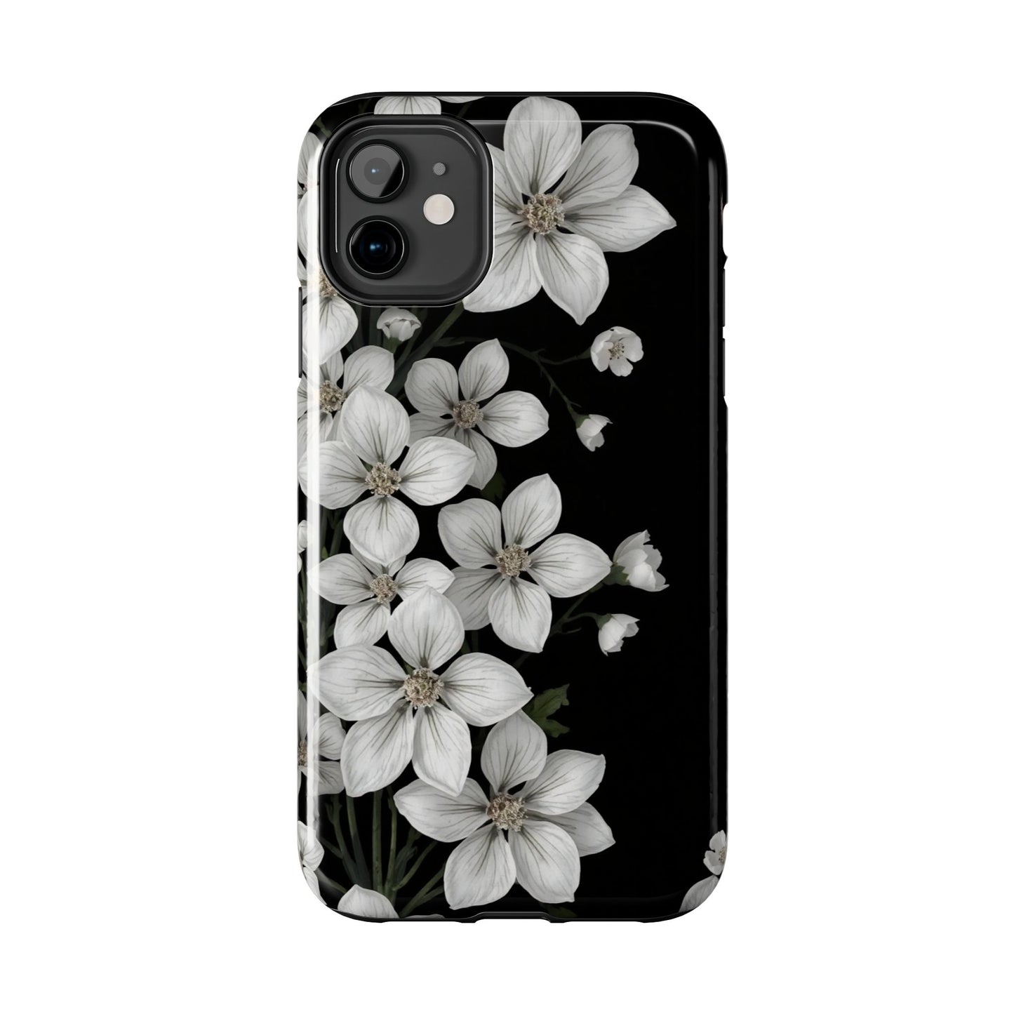 Floral Tough Phone Case - Pure Elegant White Petals on Black Background - for iPhone