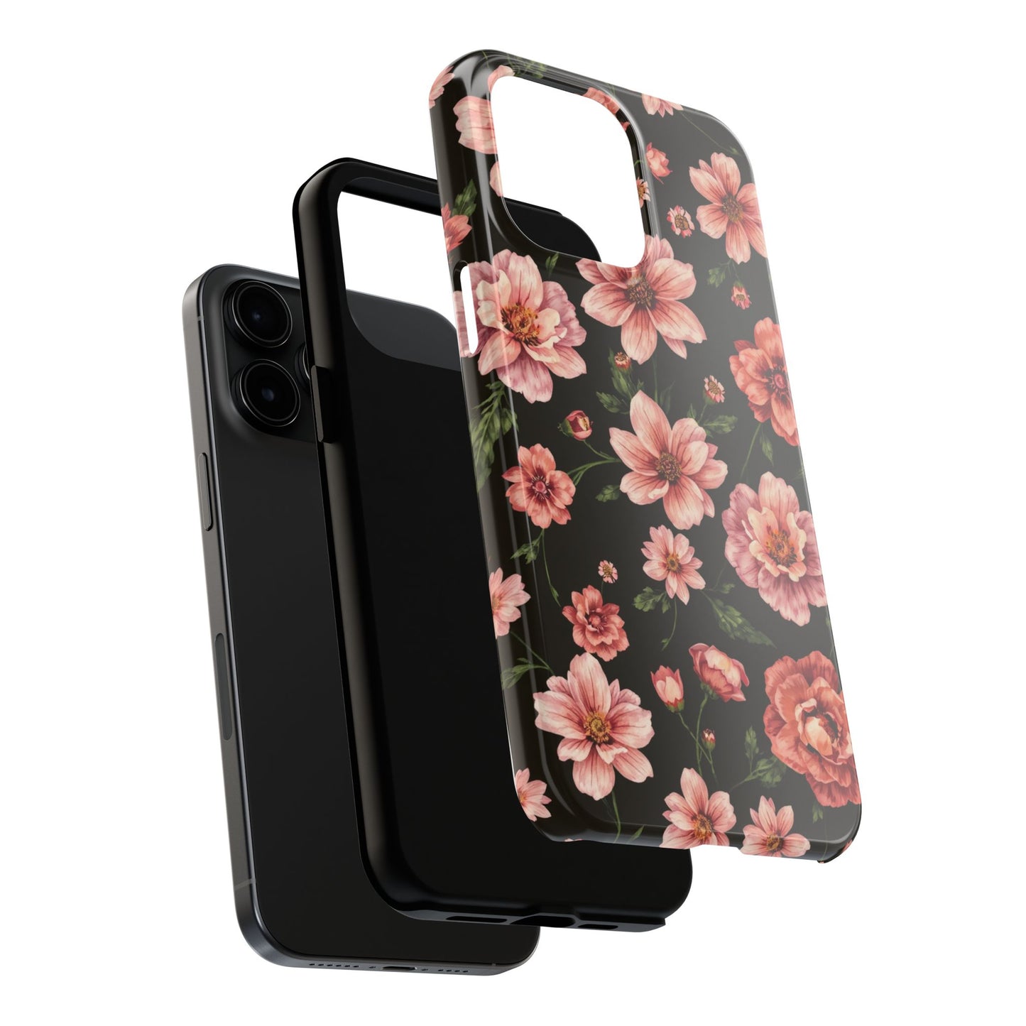 Floral Tough Phone Case - Durable Protection with Elegant Pink Flowers on Black Design - for iPhone
