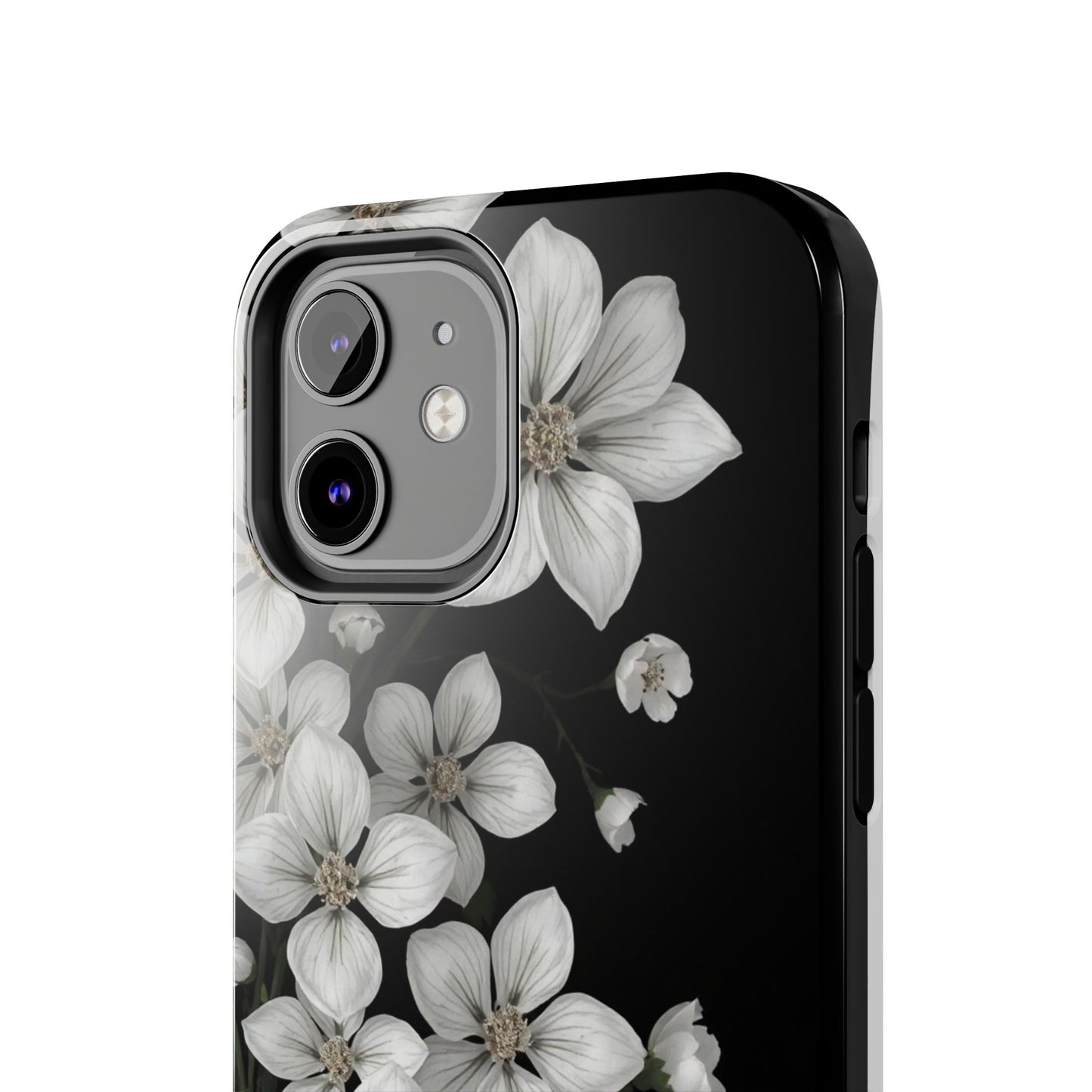 Floral Tough Phone Case - Pure Elegant White Petals on Black Background - for iPhone
