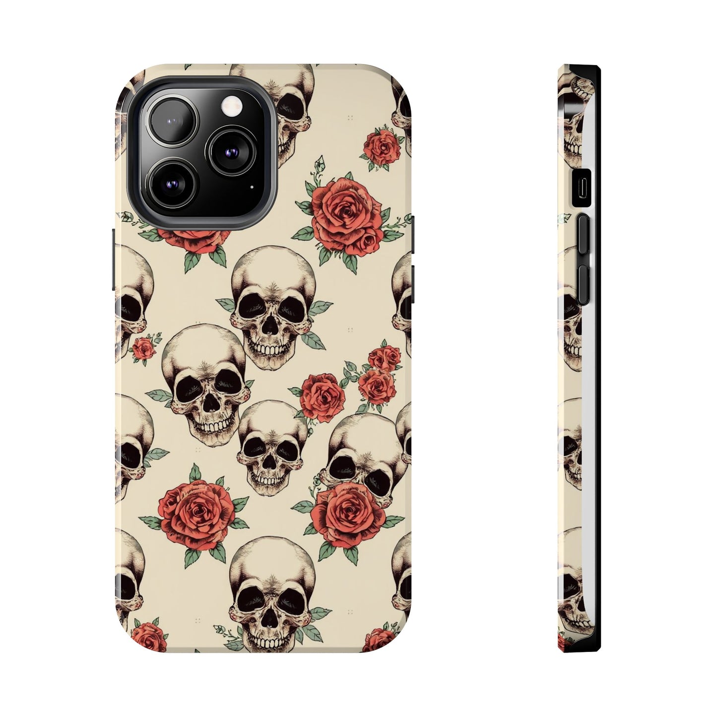 Tough Phone Case with Skull and Rose Design - Edgy Floral iPhone Protection