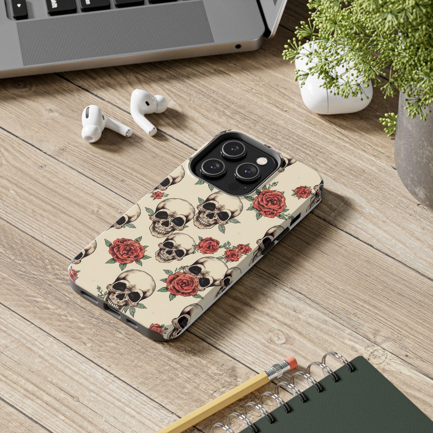 Tough Phone Case with Skull and Rose Design - Edgy Floral iPhone Protection