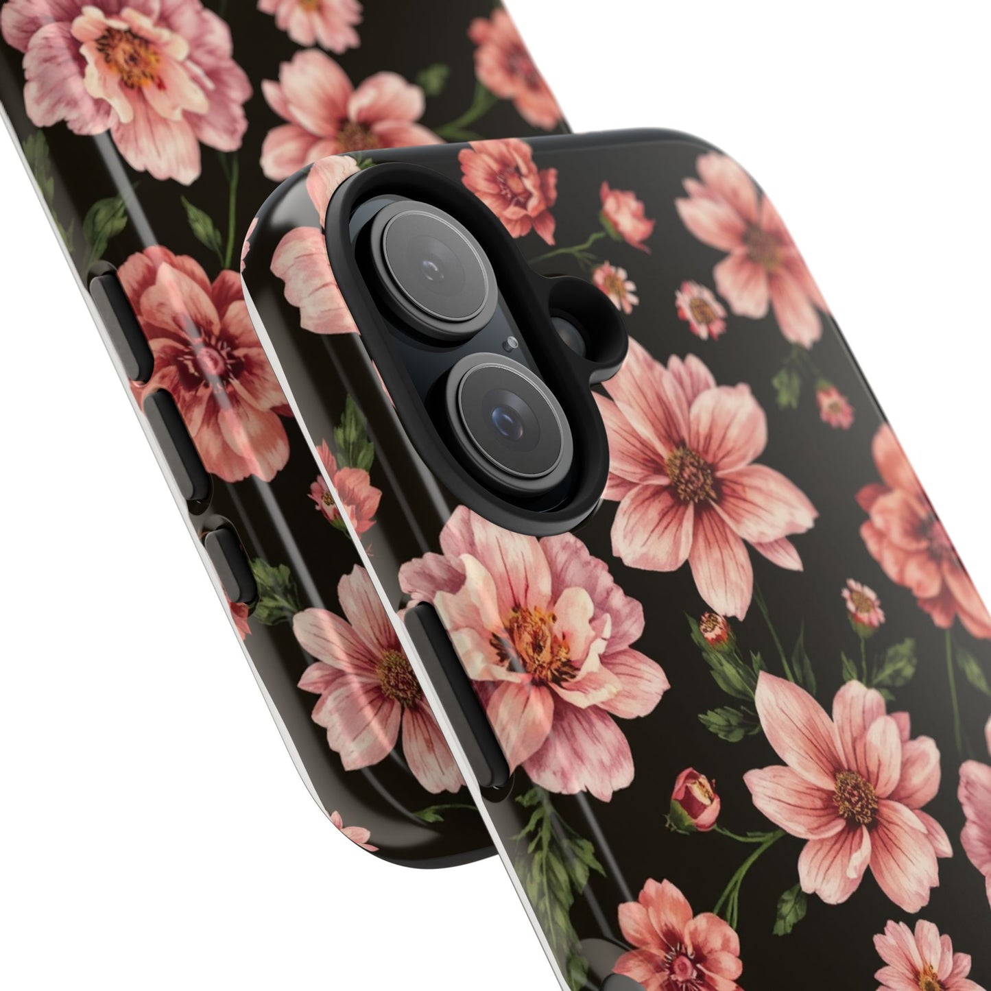 Floral Tough Phone Case - Durable Protection with Elegant Pink Flowers on Black Design - for iPhone