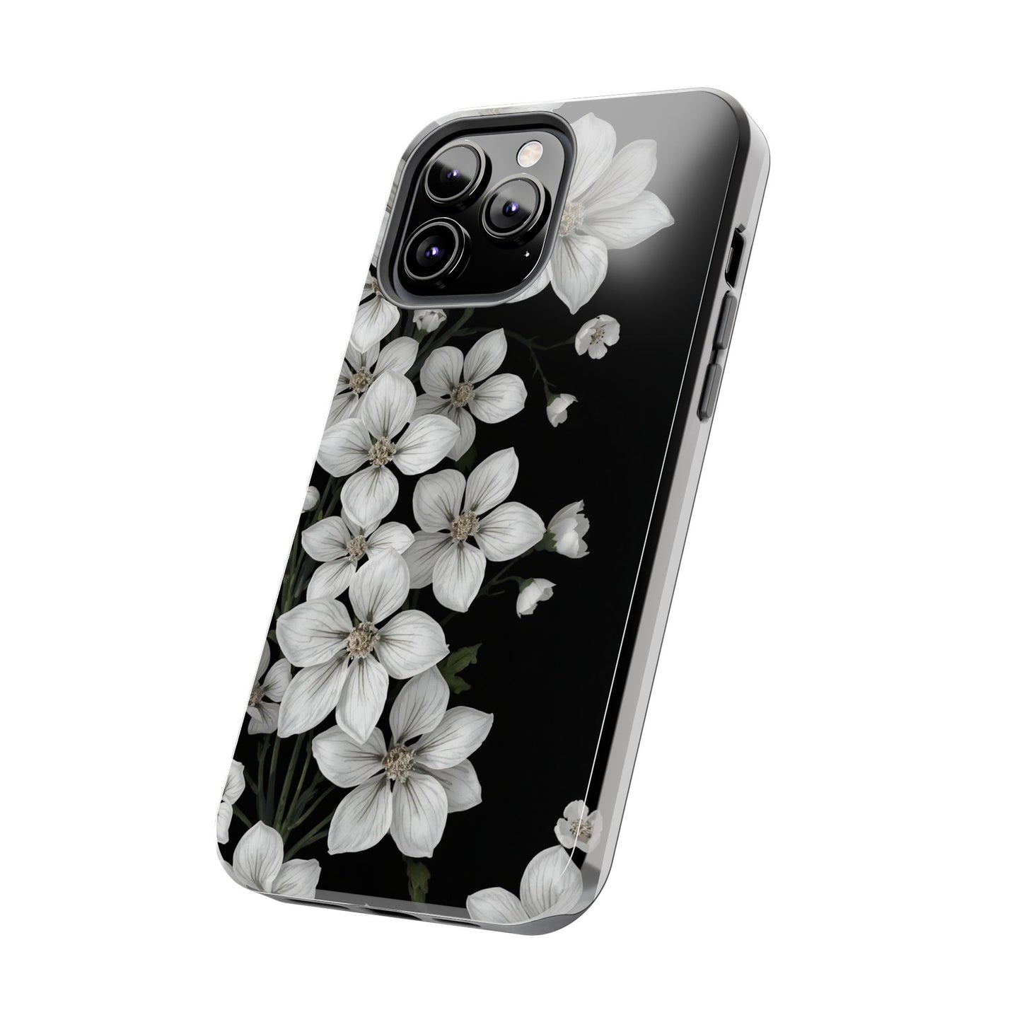 Floral Tough Phone Case - Pure Elegant White Petals on Black Background - for iPhone