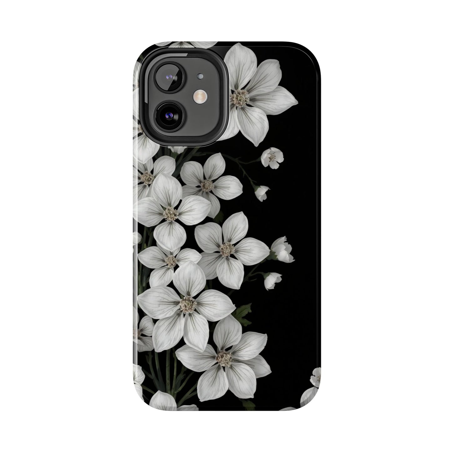 Floral Tough Phone Case - Pure Elegant White Petals on Black Background - for iPhone