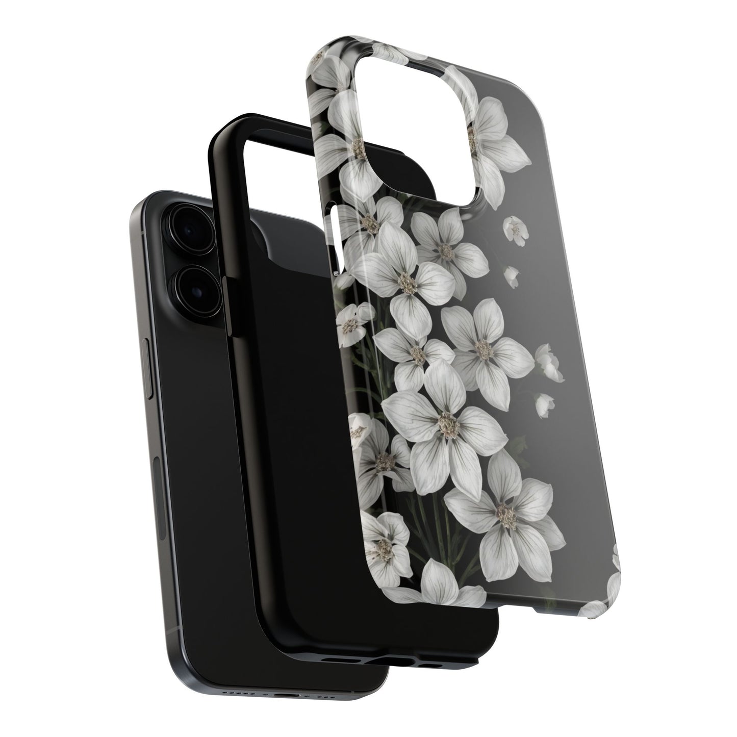 Floral Tough Phone Case - Pure Elegant White Petals on Black Background - for iPhone