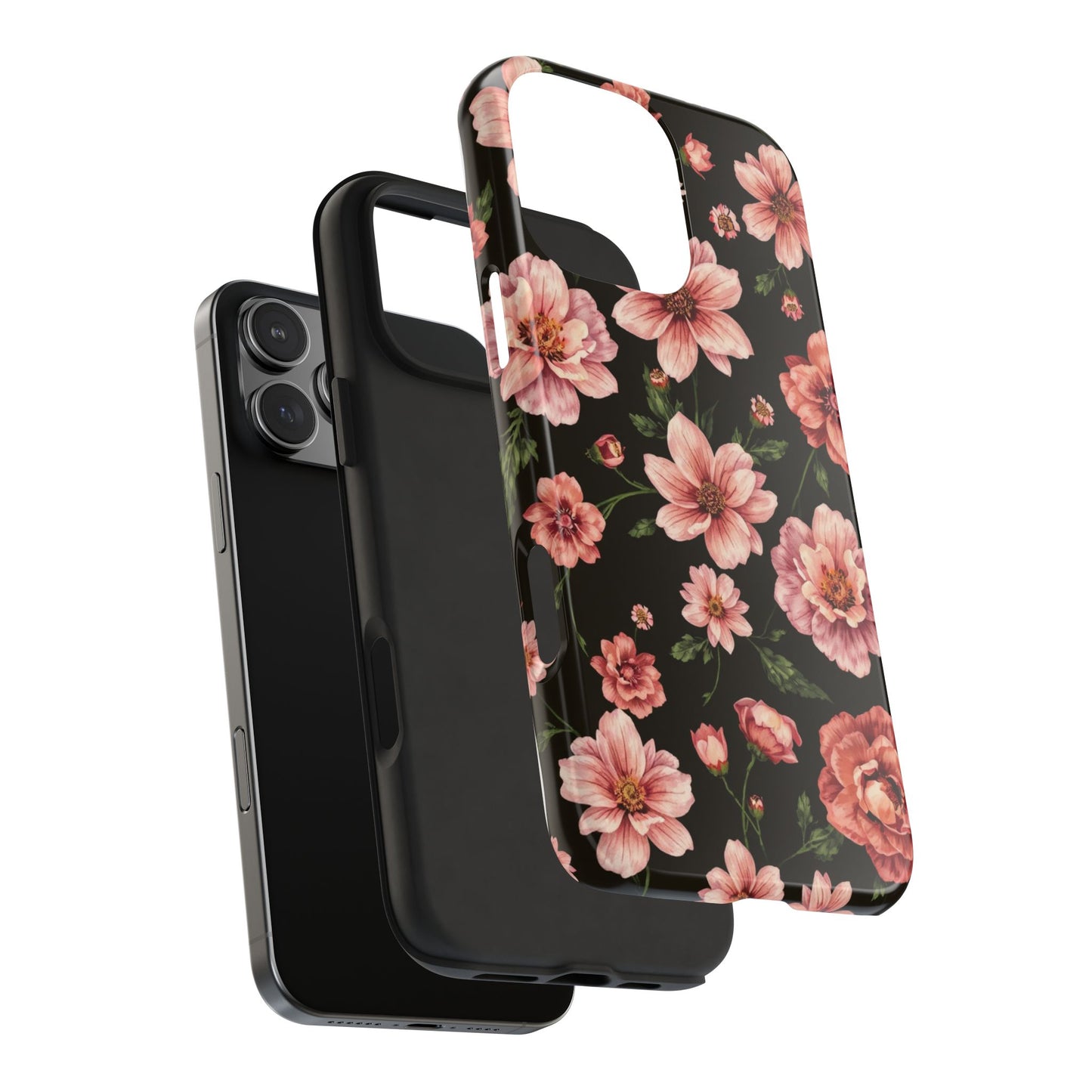 Floral Tough Phone Case - Durable Protection with Elegant Pink Flowers on Black Design - for iPhone
