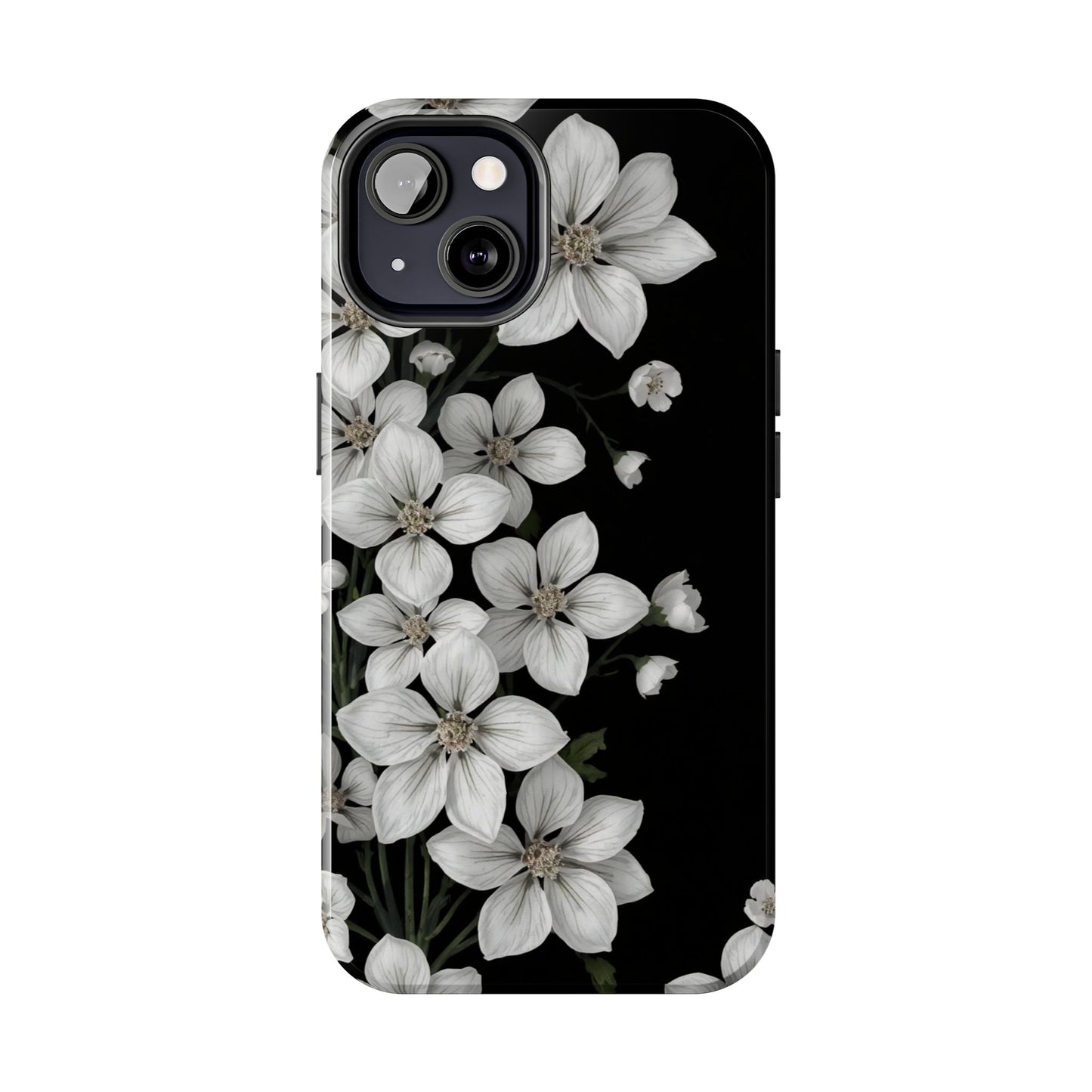Floral Tough Phone Case - Pure Elegant White Petals on Black Background - for iPhone