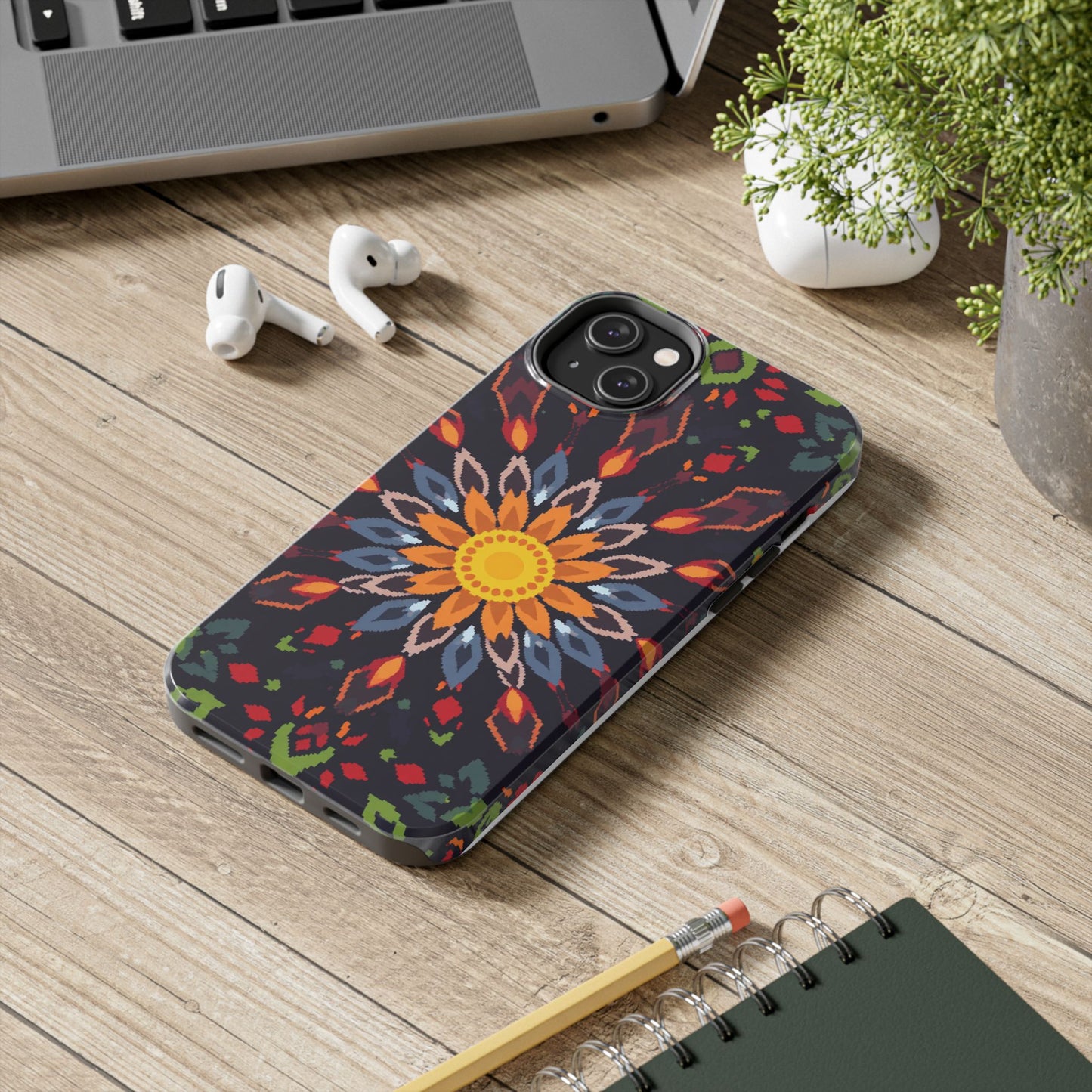 Pixel Art Floral Tough Phone Case - Pixelated Mandala Design for iPhone