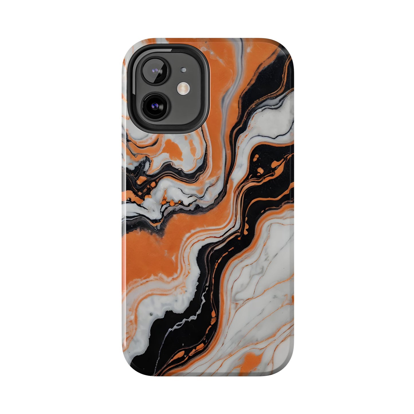 Stylish Tough Phone Case - Elegant Black, White & Orange Marble Design - for iPhone