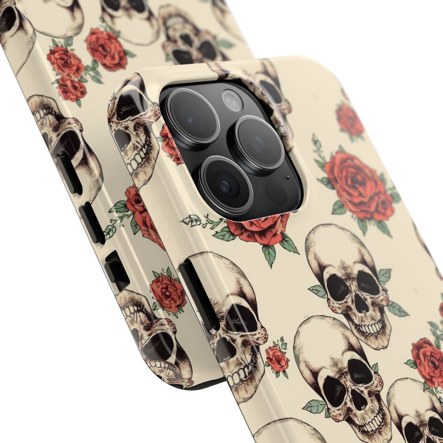 Tough Phone Case with Skull and Rose Design - Edgy Floral iPhone Protection