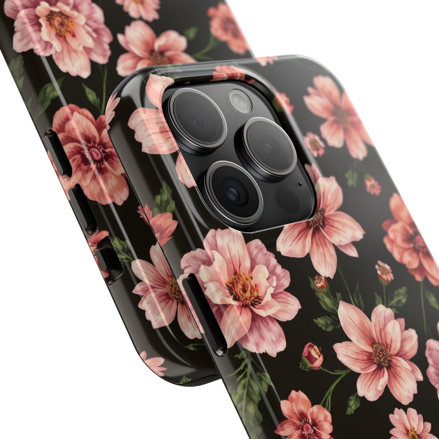 Floral Tough Phone Case - Durable Protection with Elegant Pink Flowers on Black Design - for iPhone