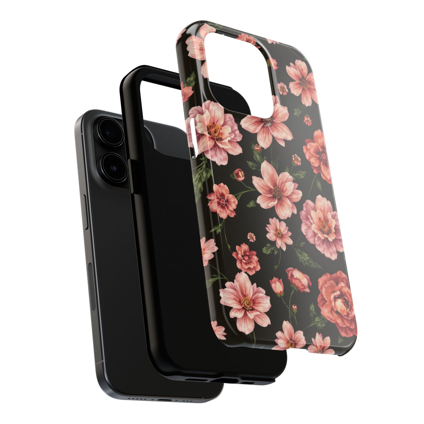 Floral Tough Phone Case - Durable Protection with Elegant Pink Flowers on Black Design - for iPhone
