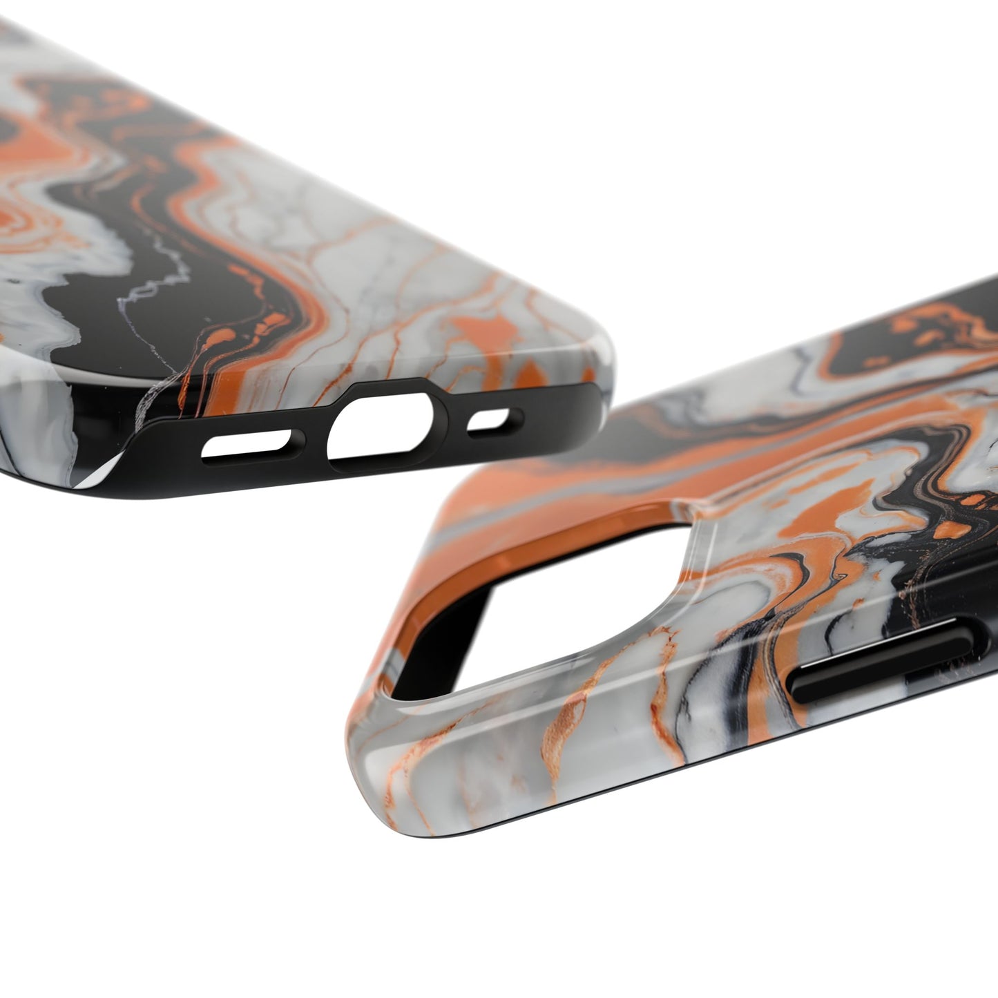 Stylish Tough Phone Case - Elegant Black, White & Orange Marble Design - for iPhone