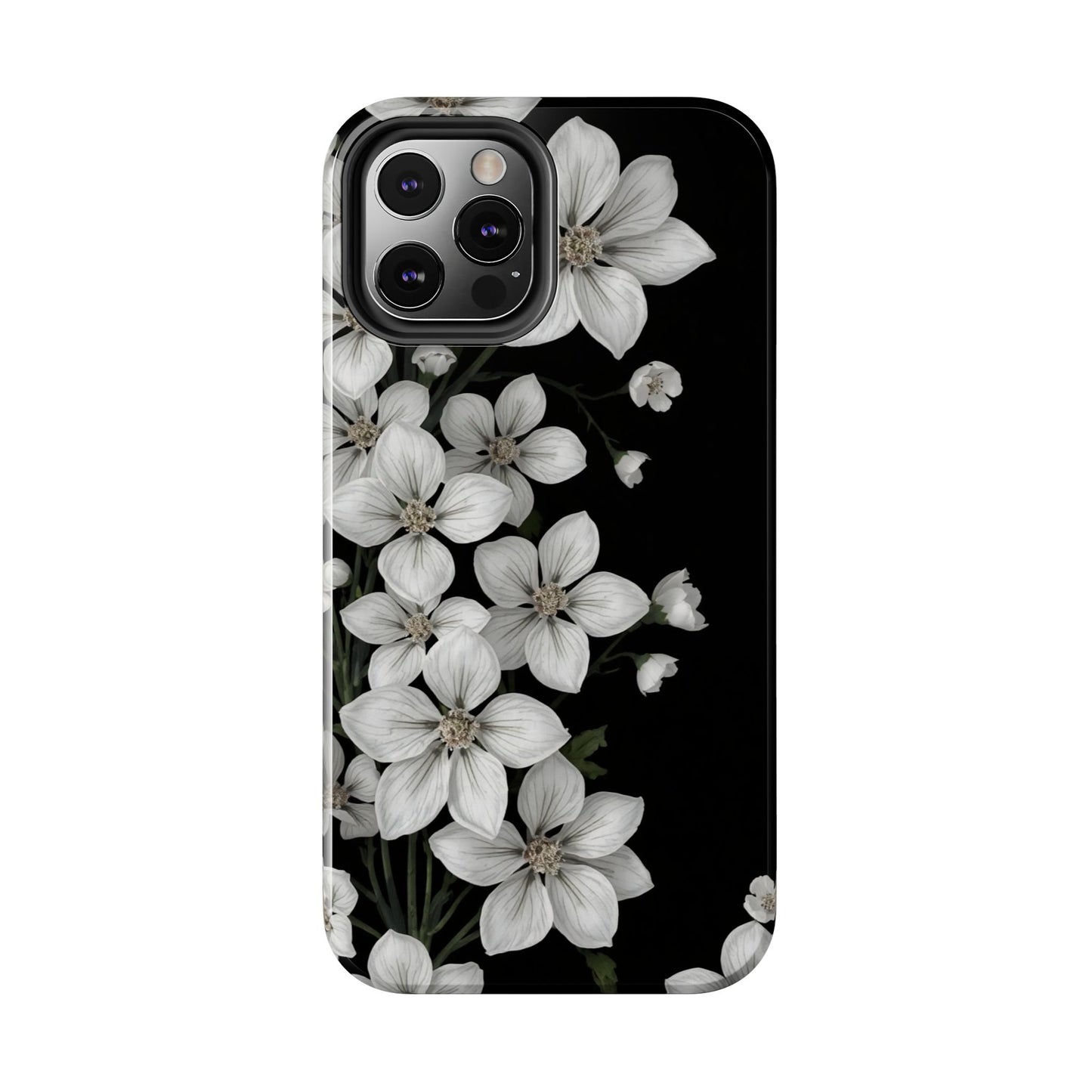 Floral Tough Phone Case - Pure Elegant White Petals on Black Background - for iPhone
