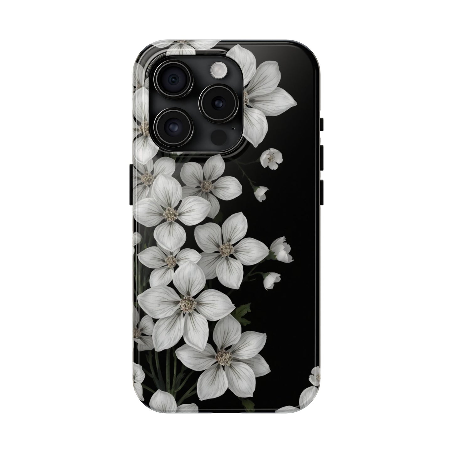 Floral Tough Phone Case - Pure Elegant White Petals on Black Background - for iPhone