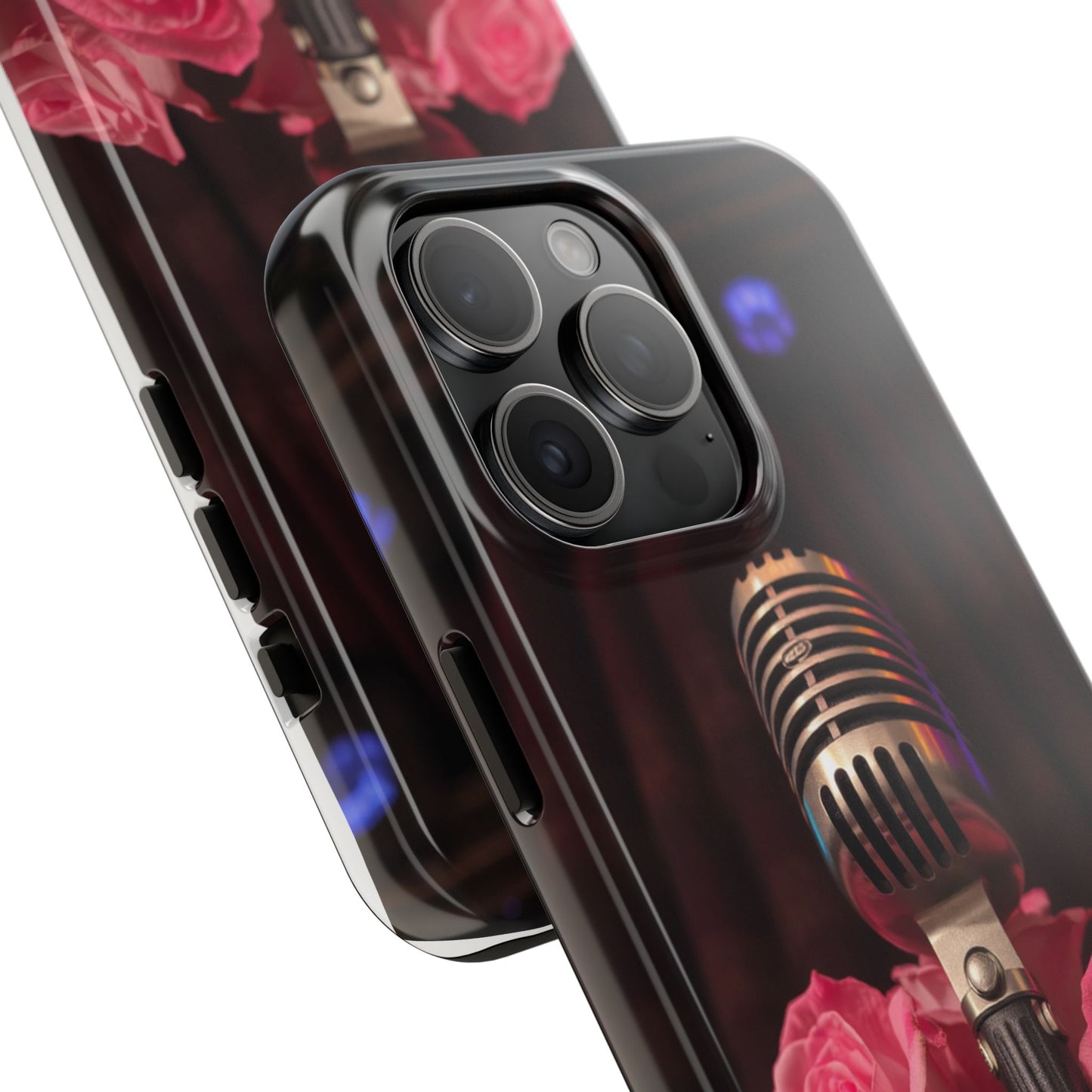 Stylish Tough Phone Case with Vintage Microphone and Roses