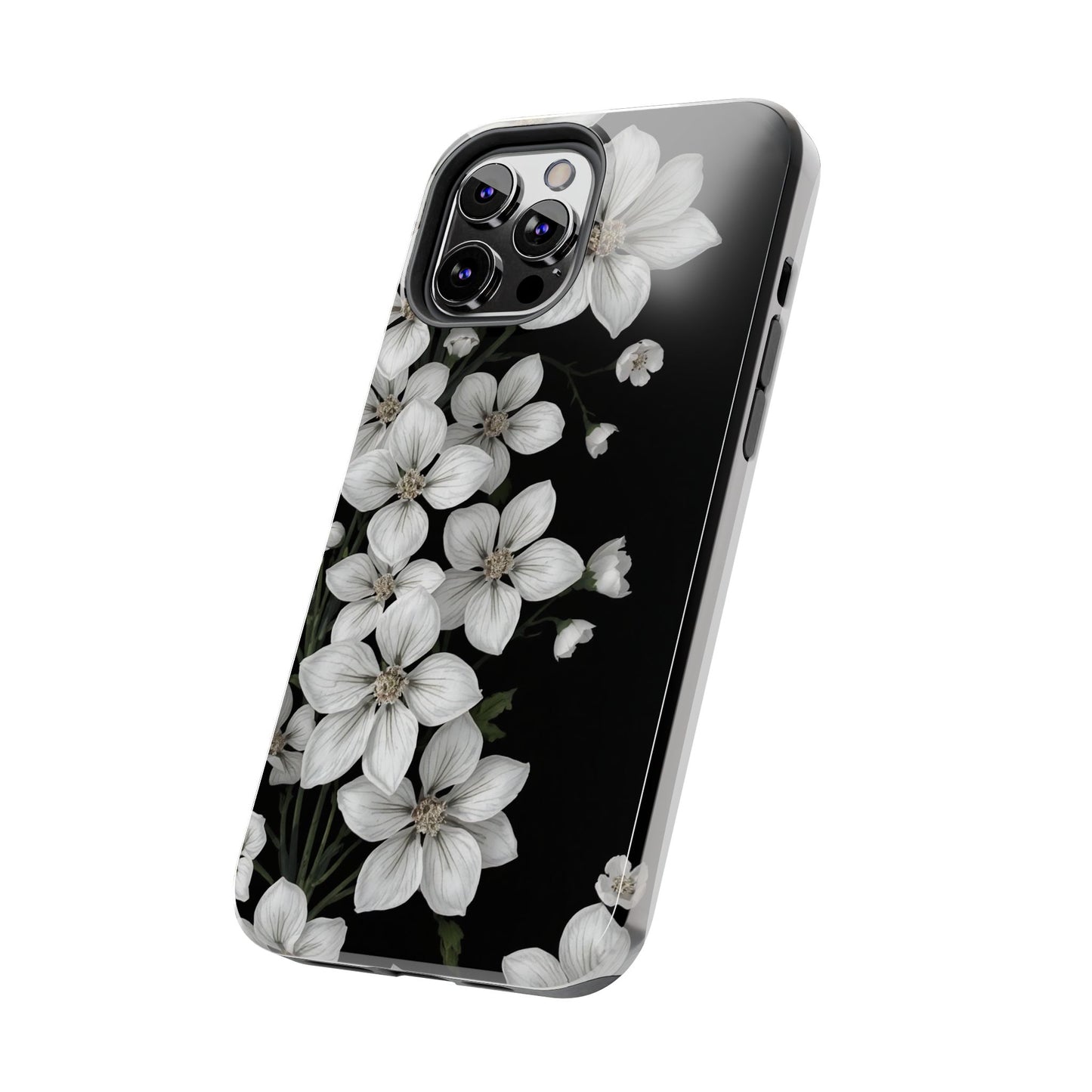 Floral Tough Phone Case - Pure Elegant White Petals on Black Background - for iPhone
