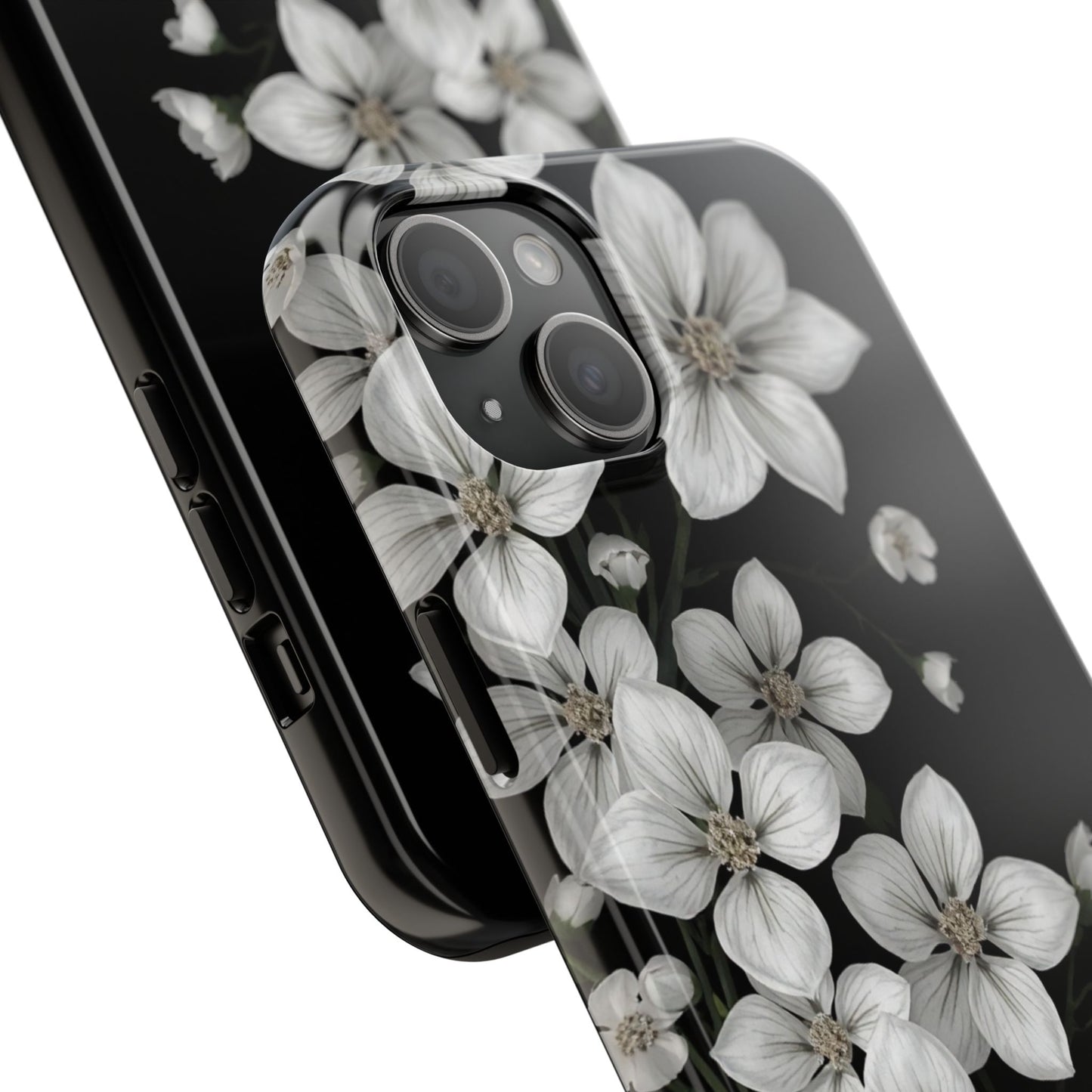 Floral Tough Phone Case - Pure Elegant White Petals on Black Background - for iPhone