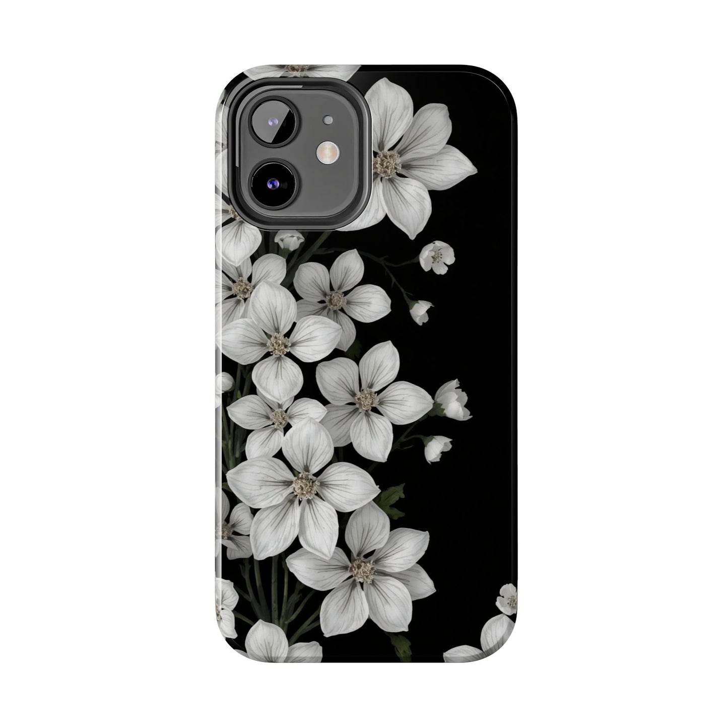Floral Tough Phone Case - Pure Elegant White Petals on Black Background - for iPhone