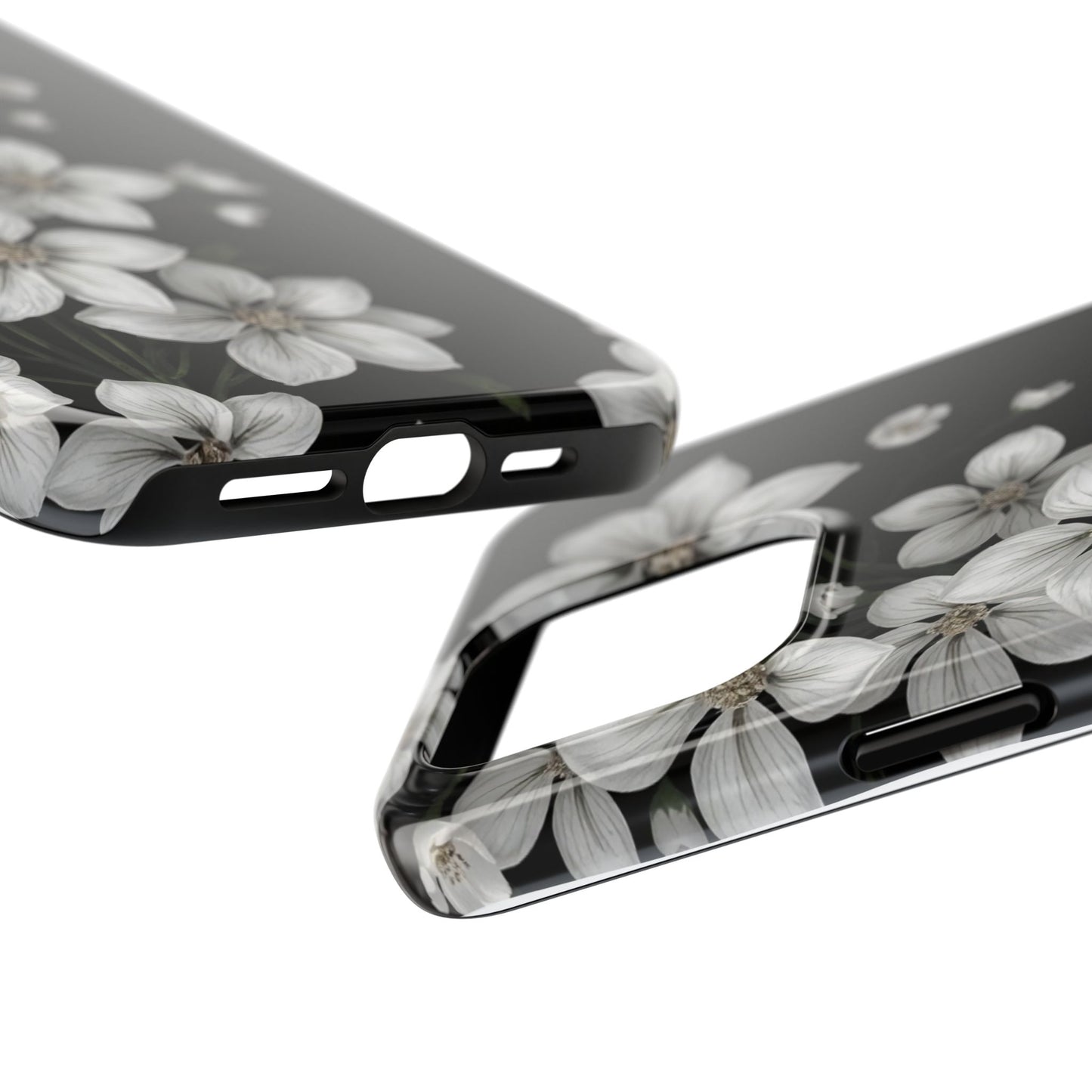 Floral Tough Phone Case - Pure Elegant White Petals on Black Background - for iPhone