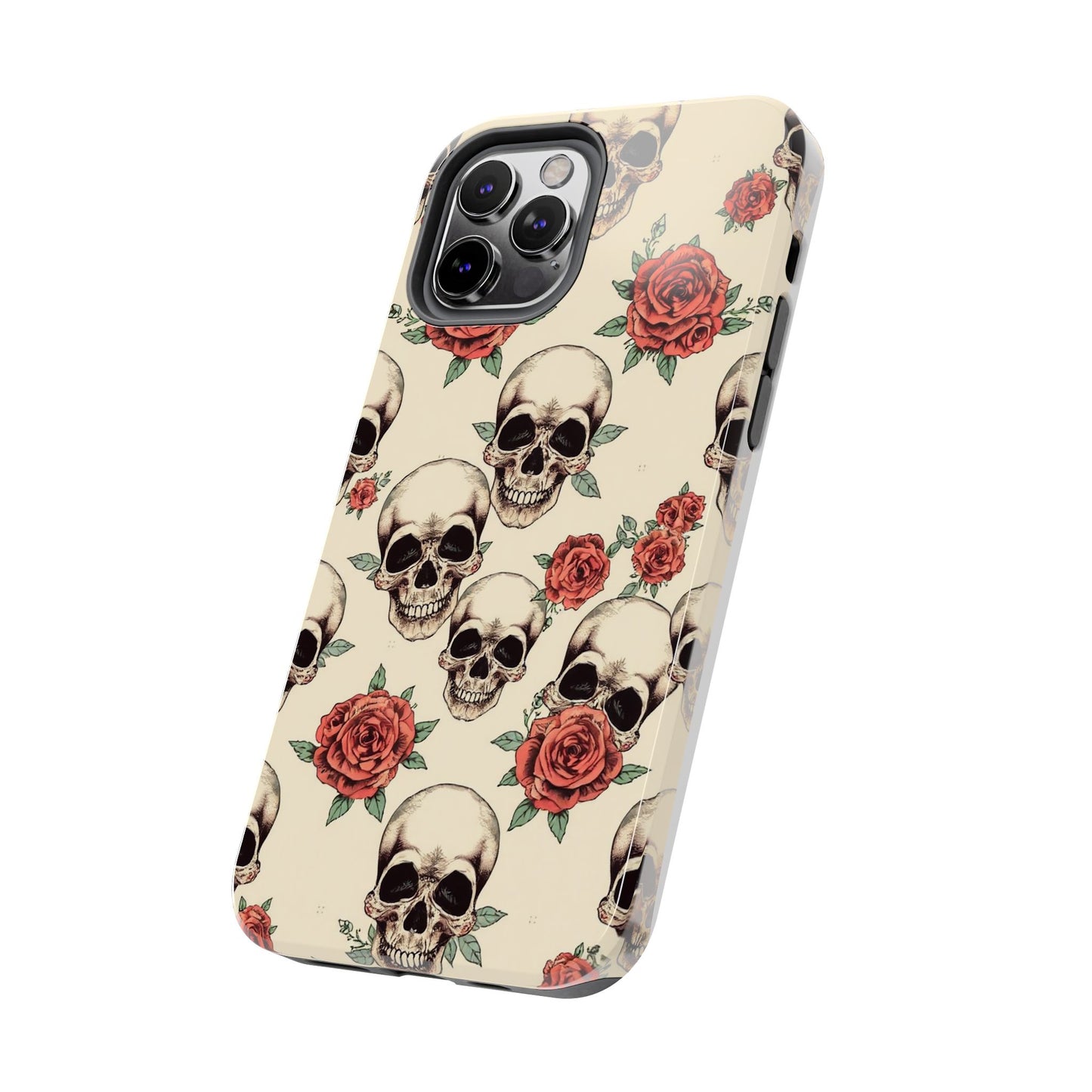 Tough Phone Case with Skull and Rose Design - Edgy Floral iPhone Protection