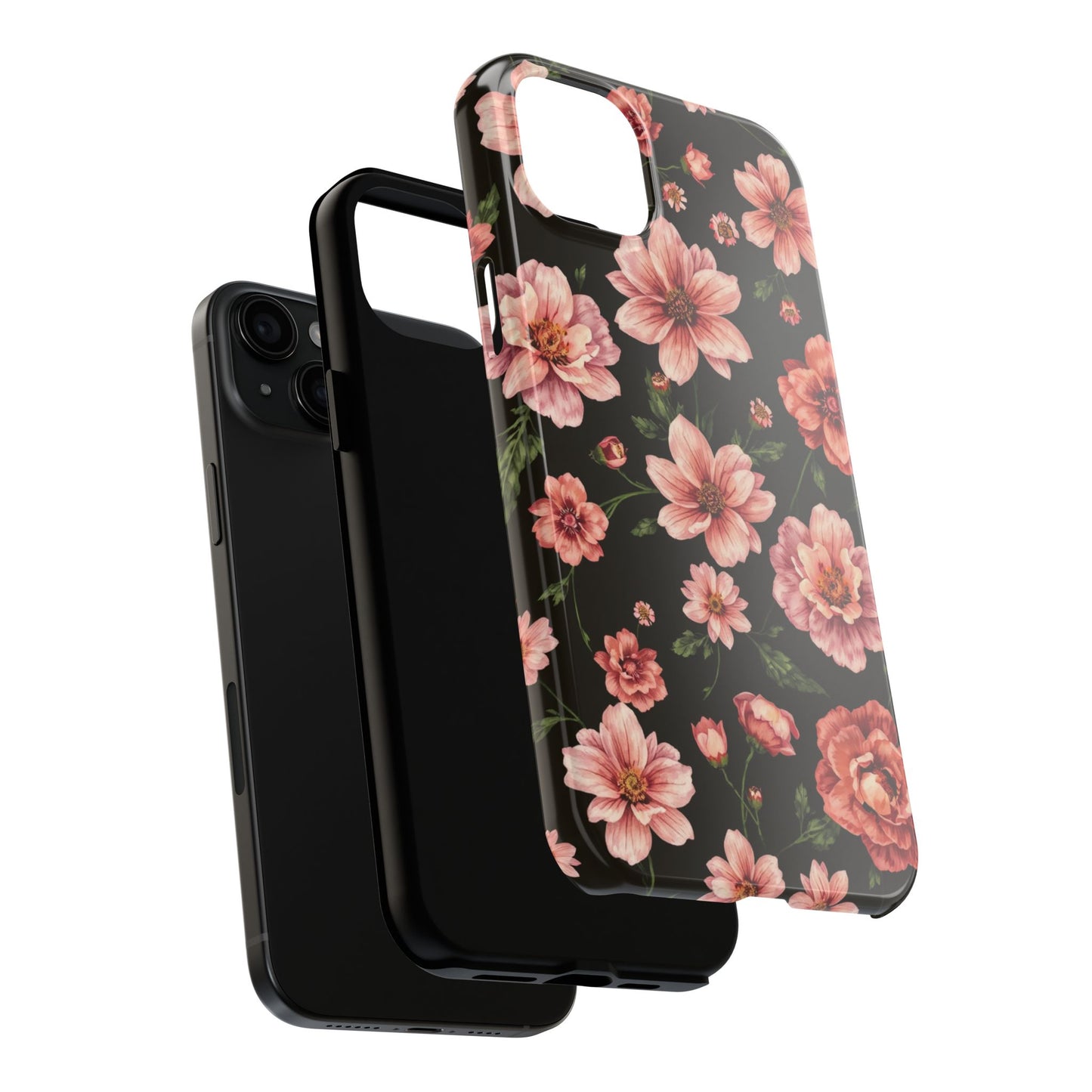 Floral Tough Phone Case - Durable Protection with Elegant Pink Flowers on Black Design - for iPhone