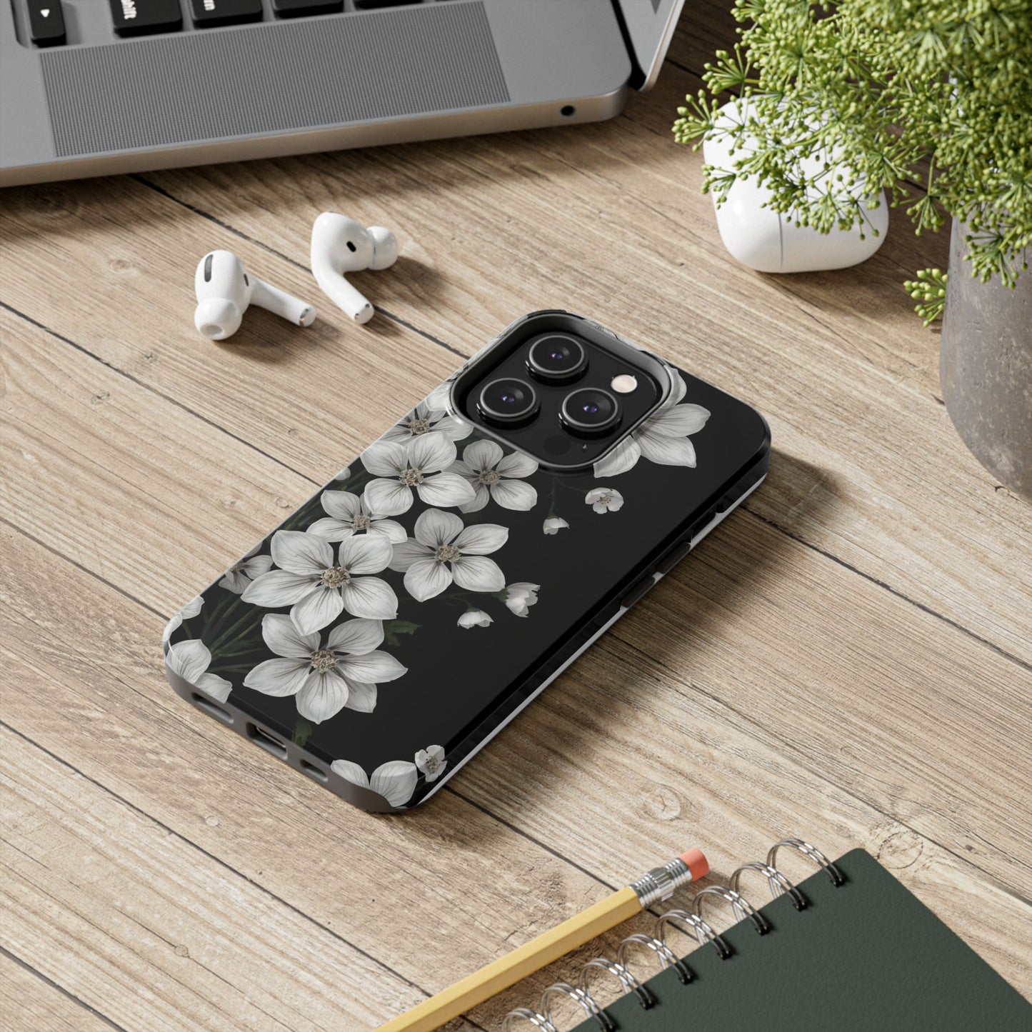 Floral Tough Phone Case - Pure Elegant White Petals on Black Background - for iPhone