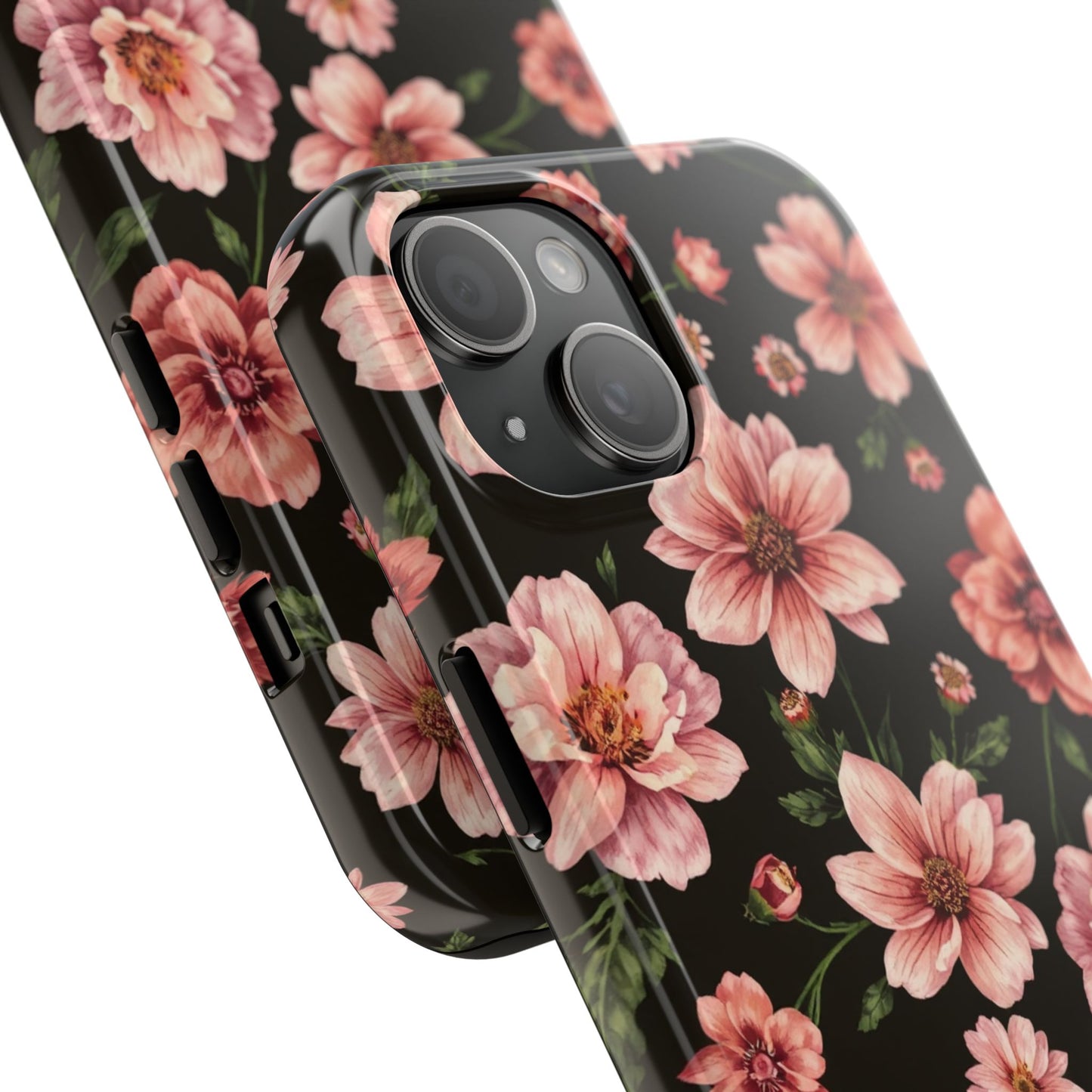 Floral Tough Phone Case - Durable Protection with Elegant Pink Flowers on Black Design - for iPhone