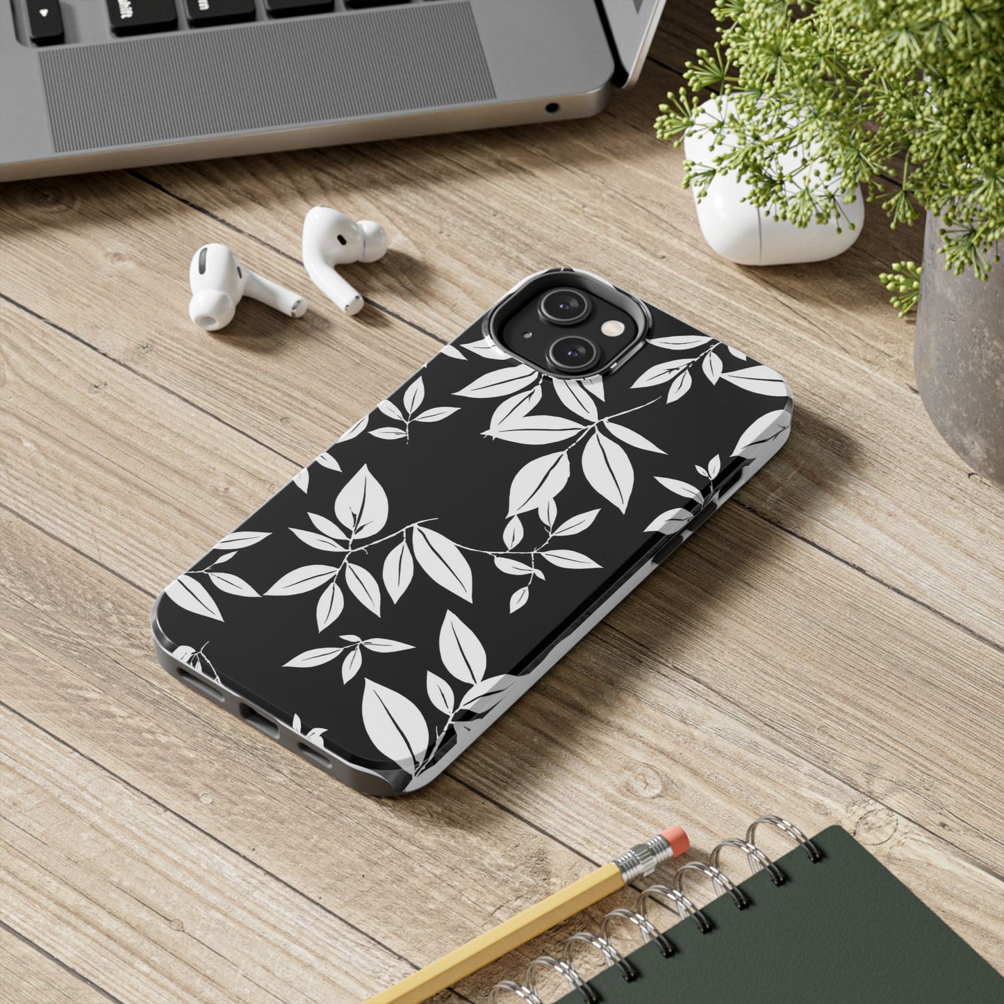 Chic Floral Tough Phone Case - Elegant Black & White Design for Stylish Protection