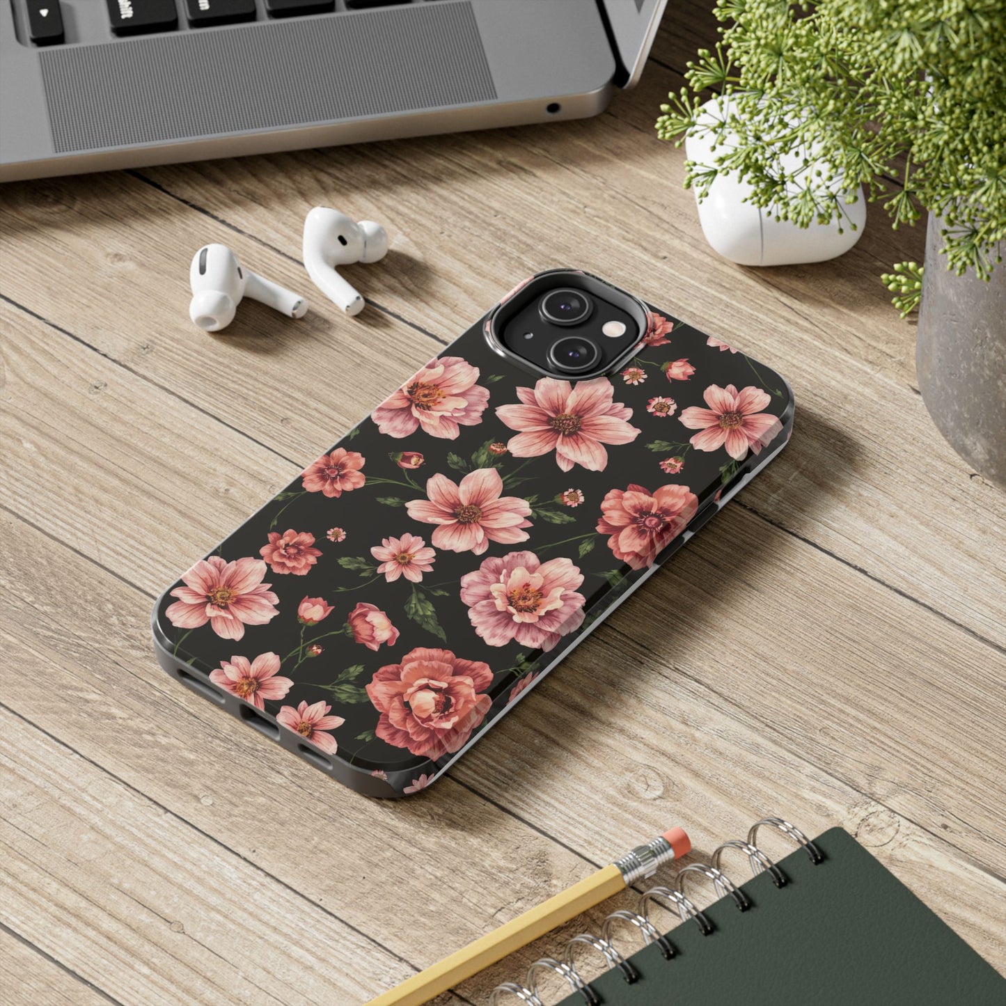 Floral Tough Phone Case - Durable Protection with Elegant Pink Flowers on Black Design - for iPhone