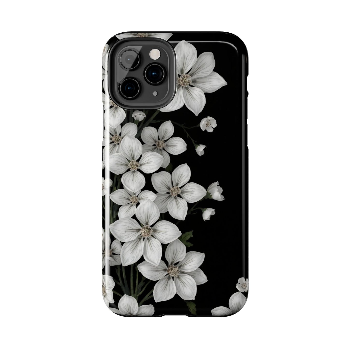 Floral Tough Phone Case - Pure Elegant White Petals on Black Background - for iPhone