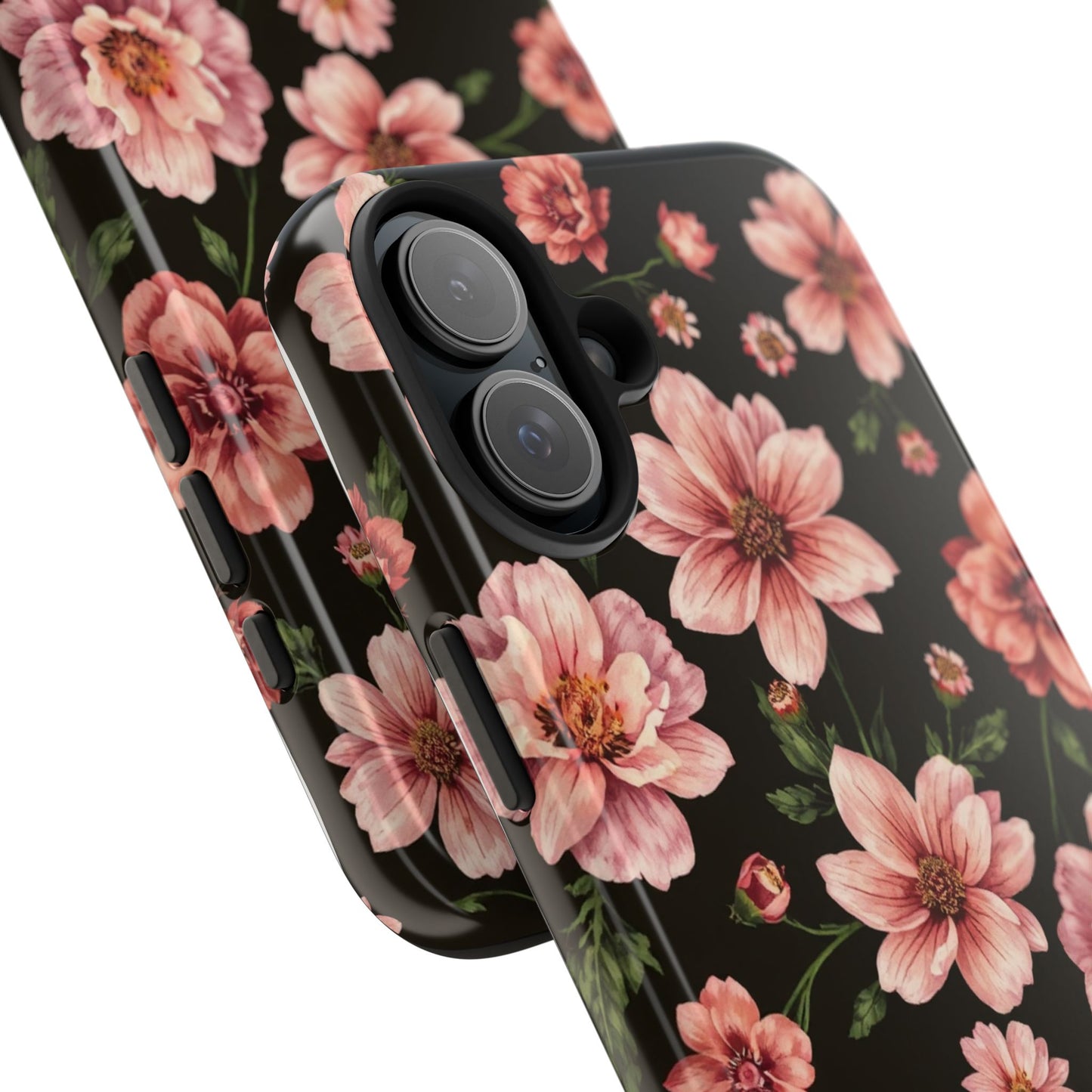 Floral Tough Phone Case - Durable Protection with Elegant Pink Flowers on Black Design - for iPhone