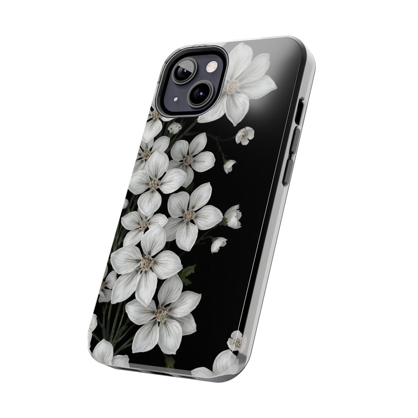Floral Tough Phone Case - Pure Elegant White Petals on Black Background - for iPhone