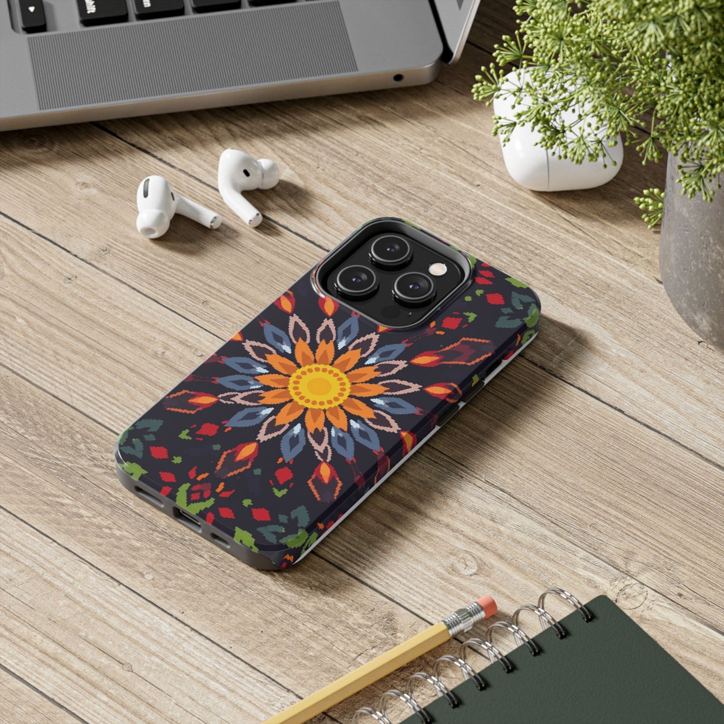 Pixel Art Floral Tough Phone Case - Pixelated Mandala Design for iPhone