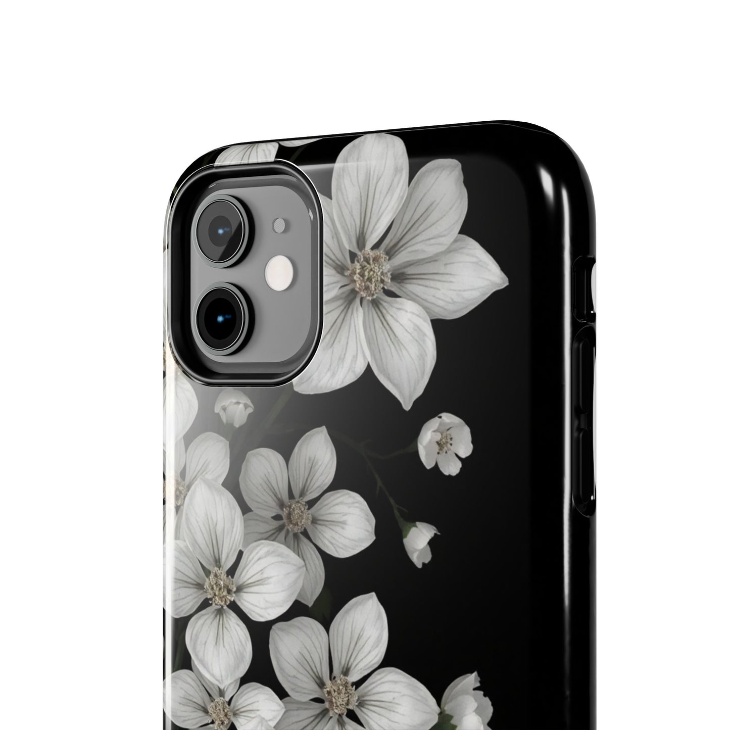 Floral Tough Phone Case - Pure Elegant White Petals on Black Background - for iPhone