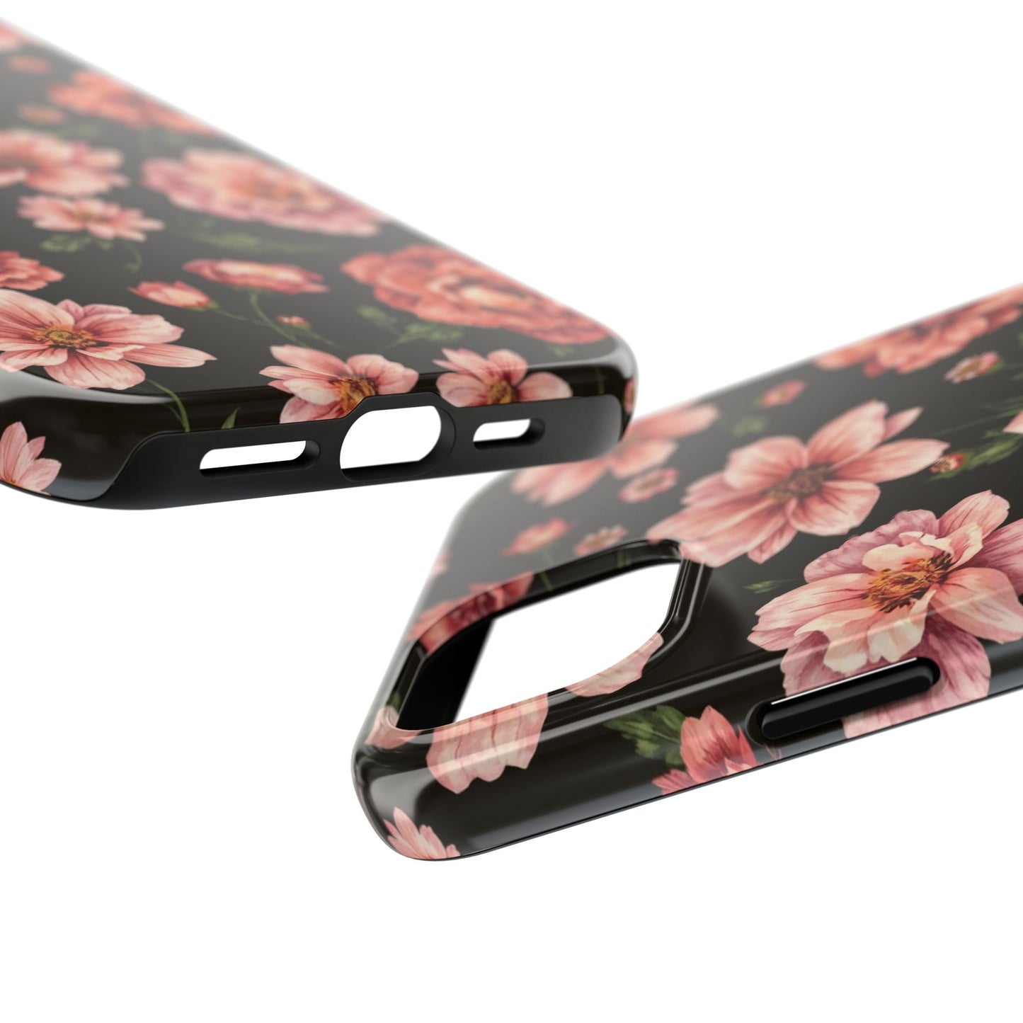 Floral Tough Phone Case - Durable Protection with Elegant Pink Flowers on Black Design - for iPhone