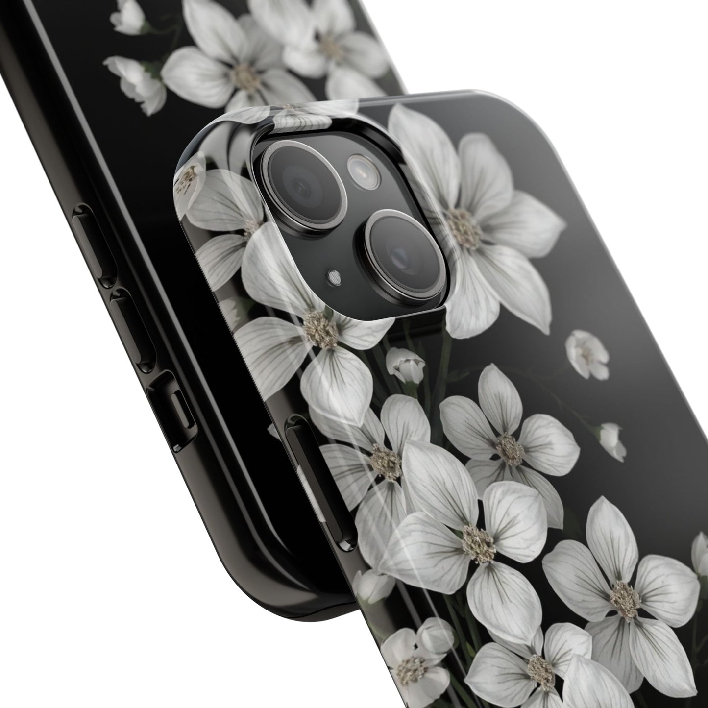 Floral Tough Phone Case - Pure Elegant White Petals on Black Background - for iPhone