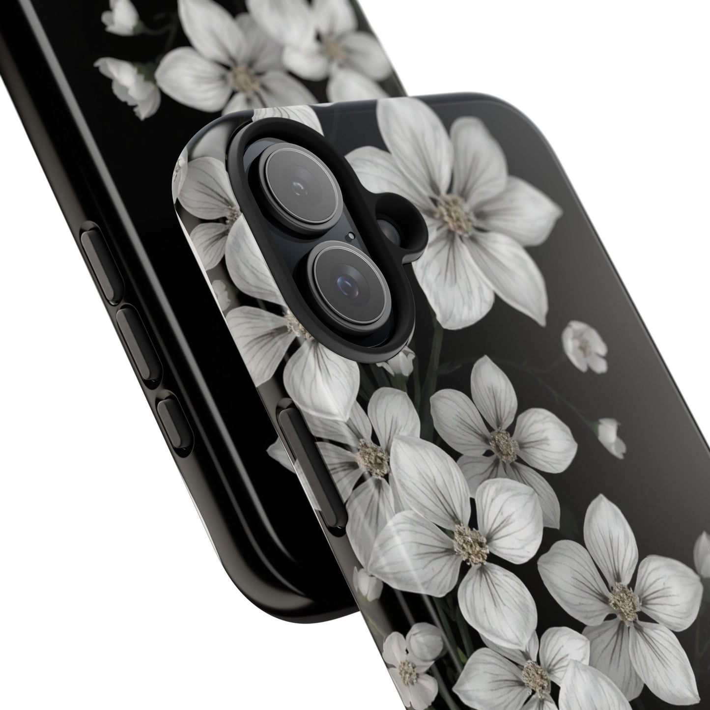 Floral Tough Phone Case - Pure Elegant White Petals on Black Background - for iPhone