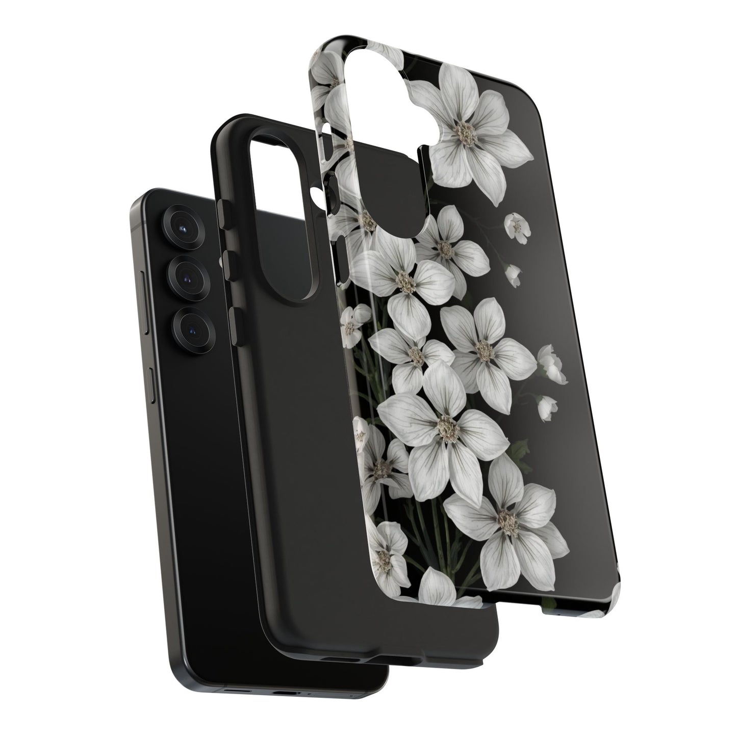 Floral Tough Phone Case - Pure Elegant White Petals on Black Background - for iPhone