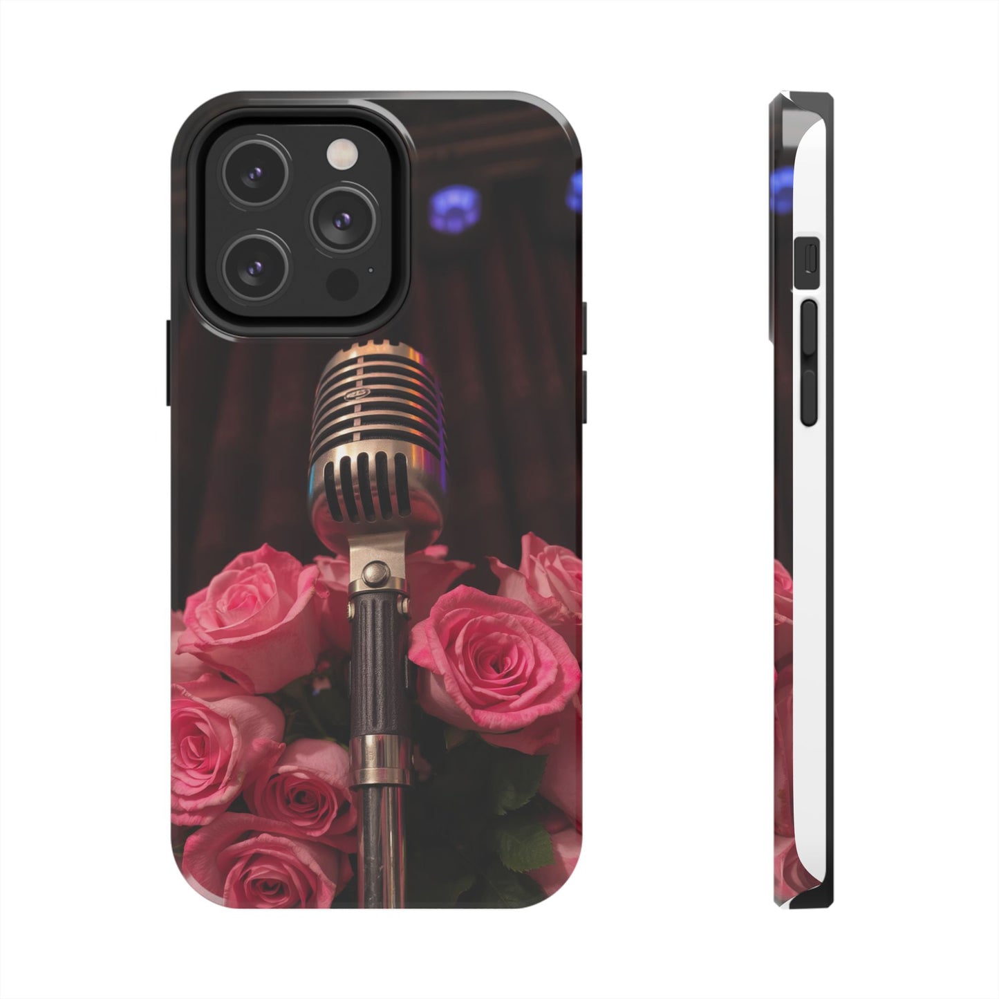 Stylish Tough Phone Case with Vintage Microphone and Roses