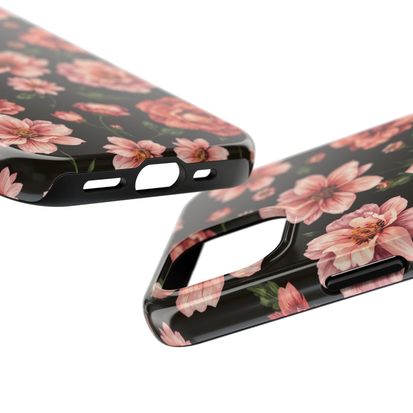 Floral Tough Phone Case - Durable Protection with Elegant Pink Flowers on Black Design - for iPhone